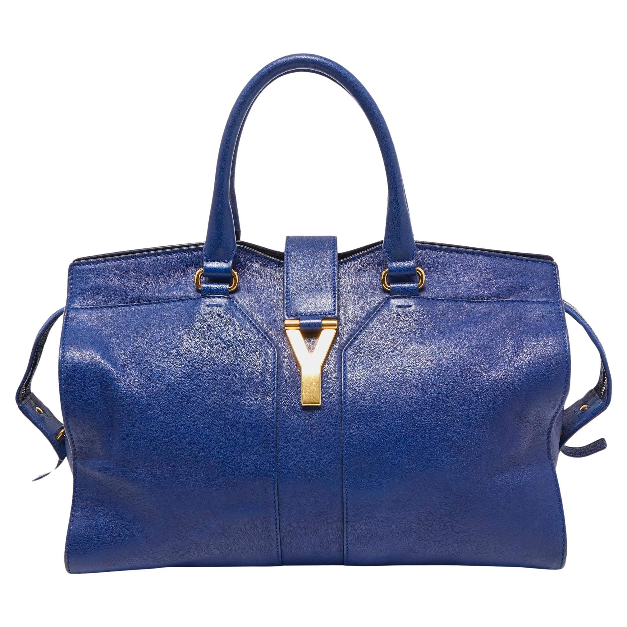 Yves Saint Laurent Blue Leather Medium Cabas Chyc Tote For Sale