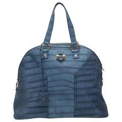 Yves Saint Laurent Blue Muse Nubuck Embossed Croc Handbag