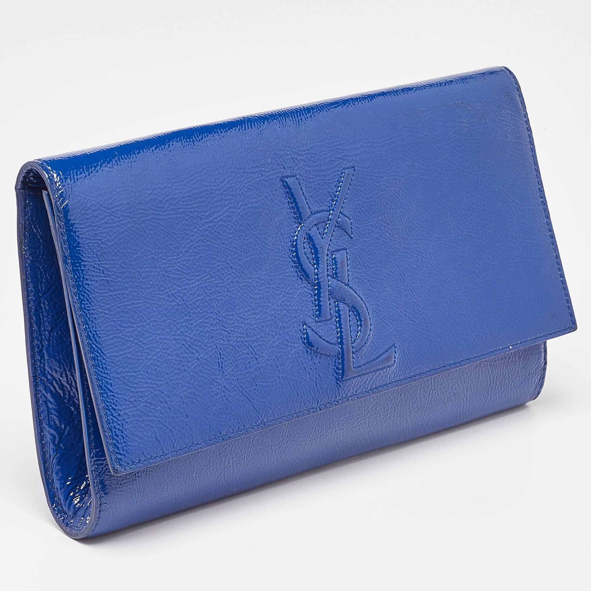 Yves Saint Laurent Blue Patent Leather Belle De Jour Flap Clutch For Sale 8