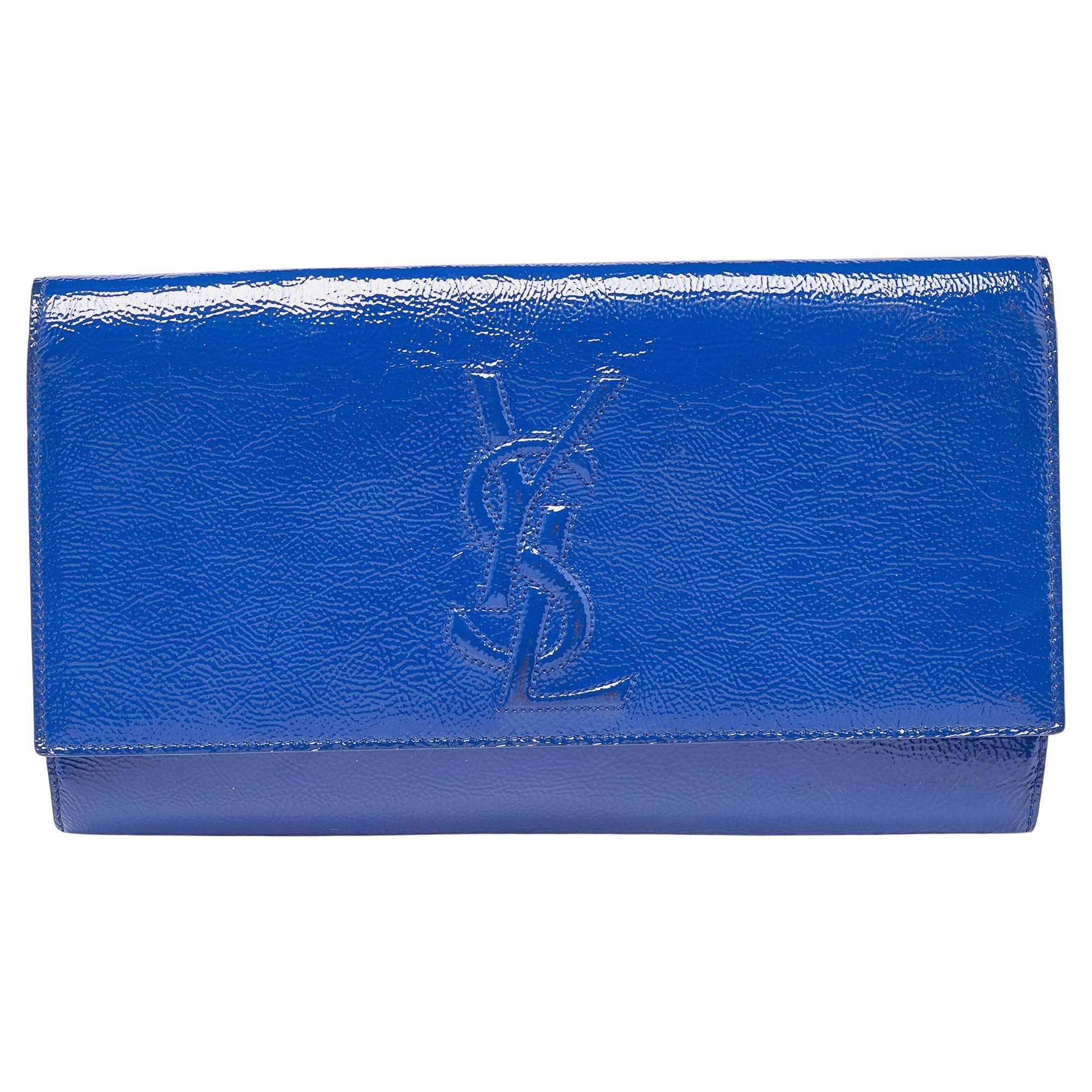 Yves Saint Laurent Blue Patent Leather Belle De Jour Flap Clutch For Sale