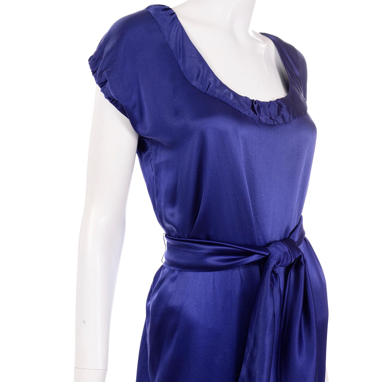 Yves Saint Laurent Blue Silk Charmeuse Evening Dress With Sash Belt In Excellent Condition In Portland, OR