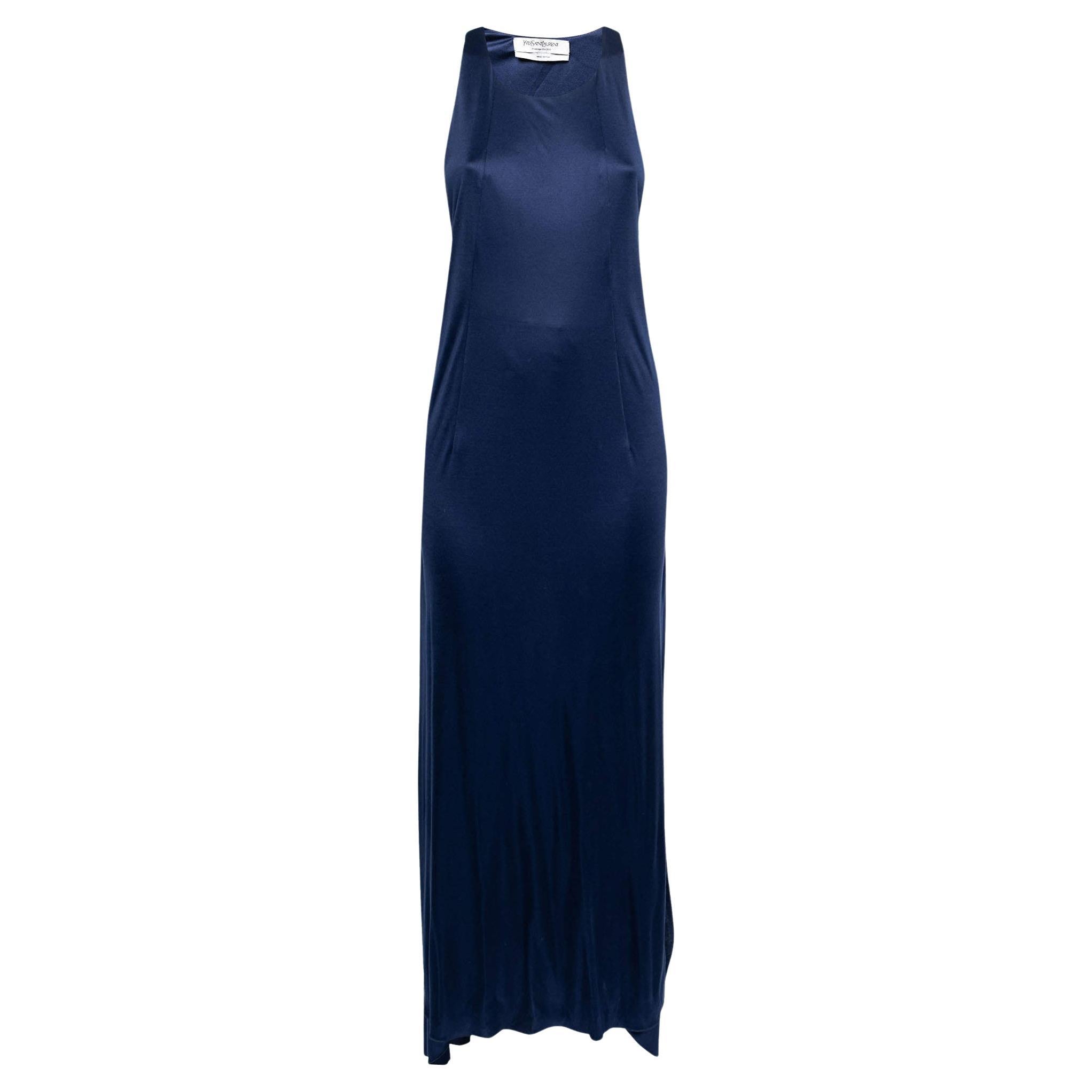 Yves Saint Laurent Blue Silk Knit Layered Sleeveless Maxi Dress S For Sale