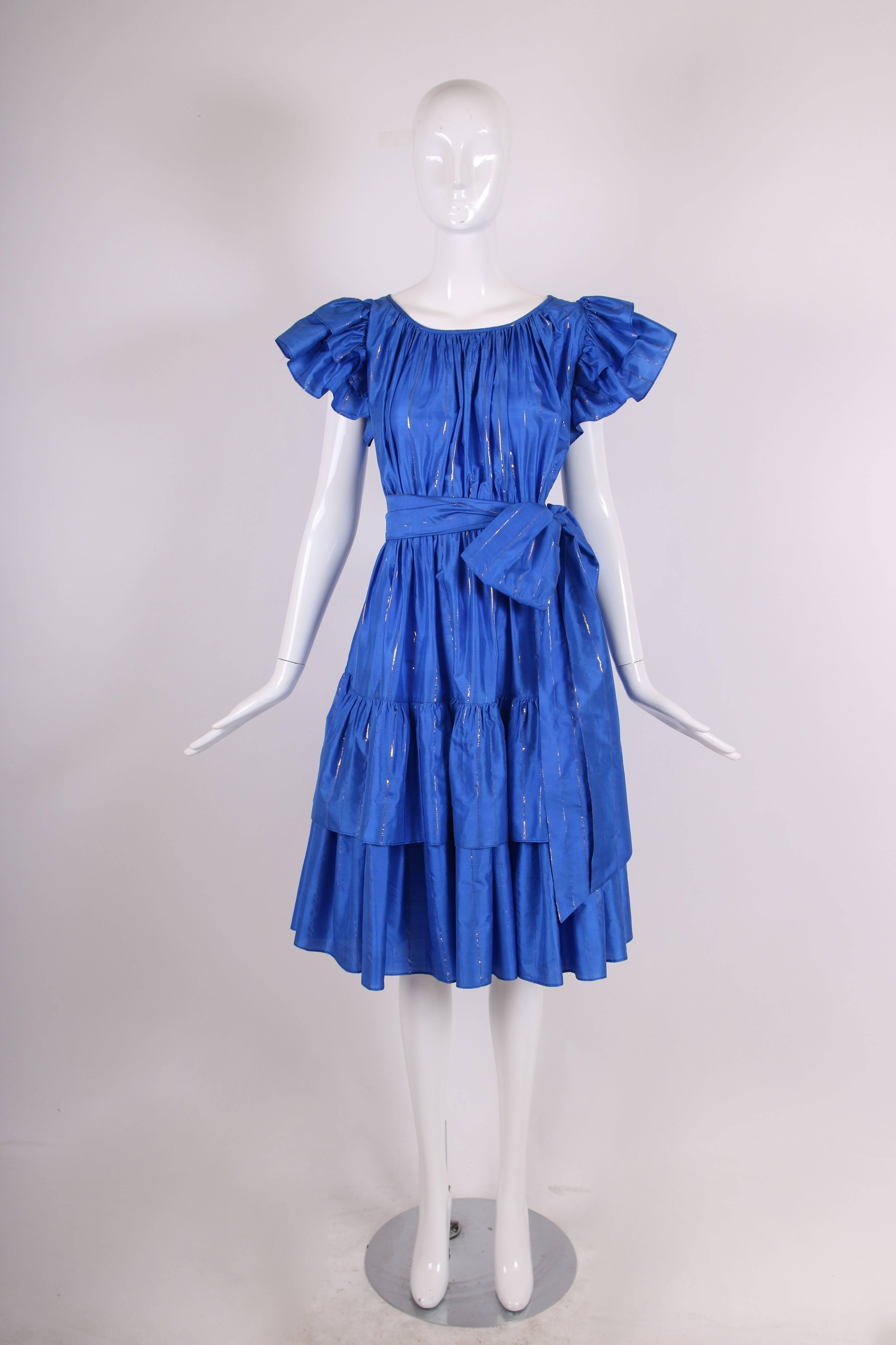 Yves Saint Laurent Blue Silk Tiered Skirt Metallic Stripes Ruffled Dress  In Excellent Condition In Studio City, CA