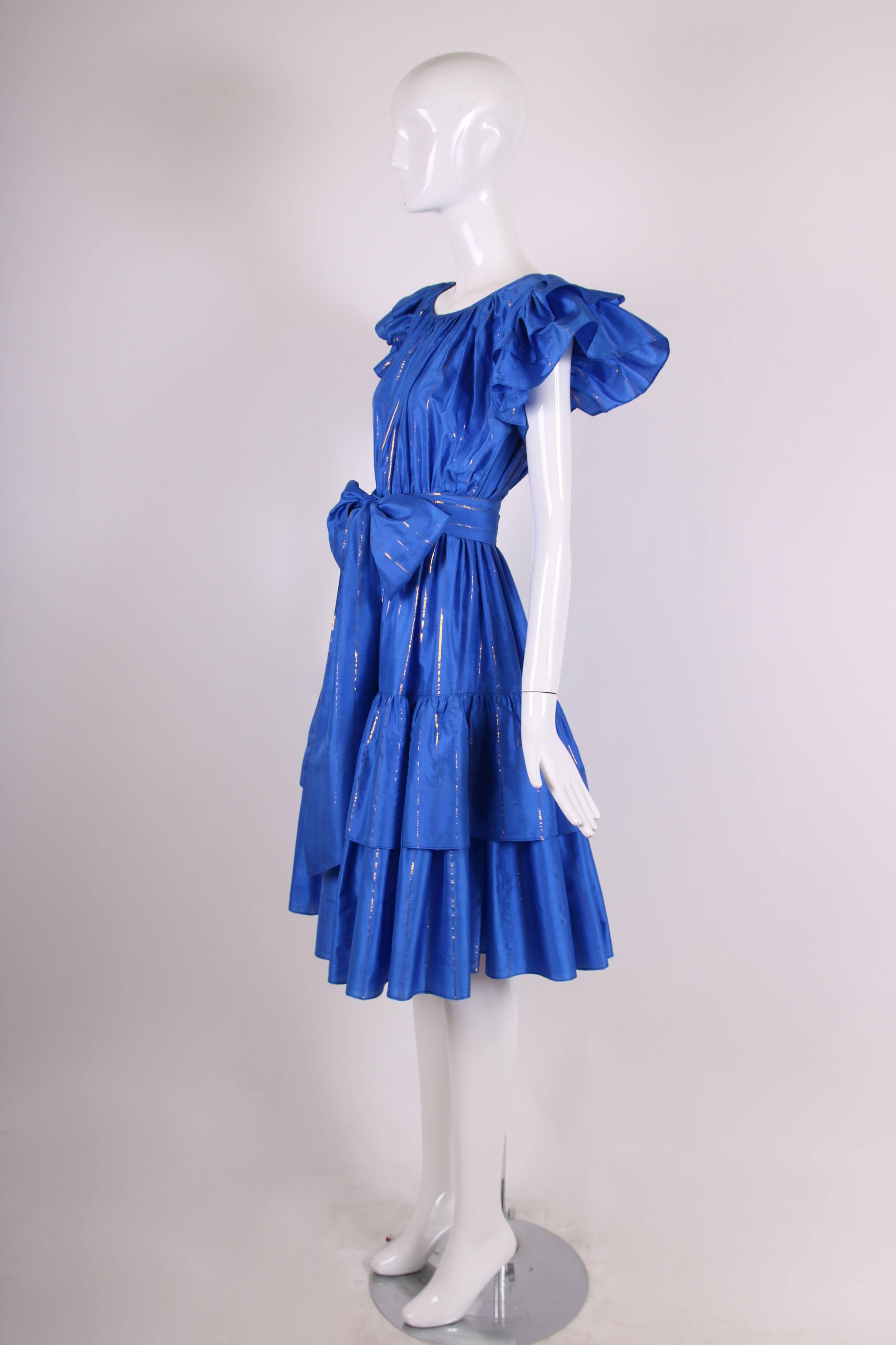 Women's Yves Saint Laurent Blue Silk Tiered Skirt Metallic Stripes Ruffled Dress 