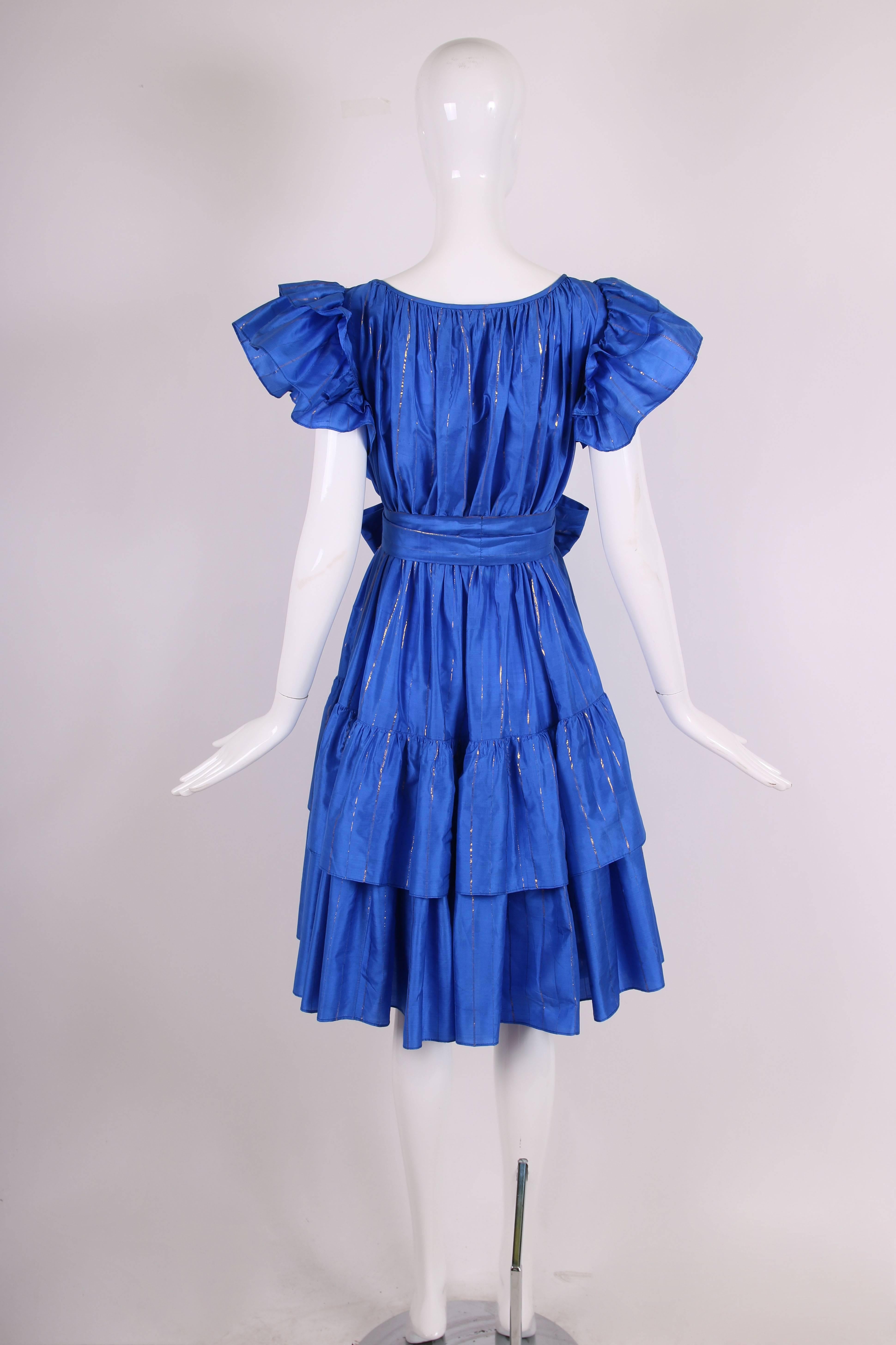 Yves Saint Laurent Blue Silk Tiered Skirt Metallic Stripes Ruffled Dress  1