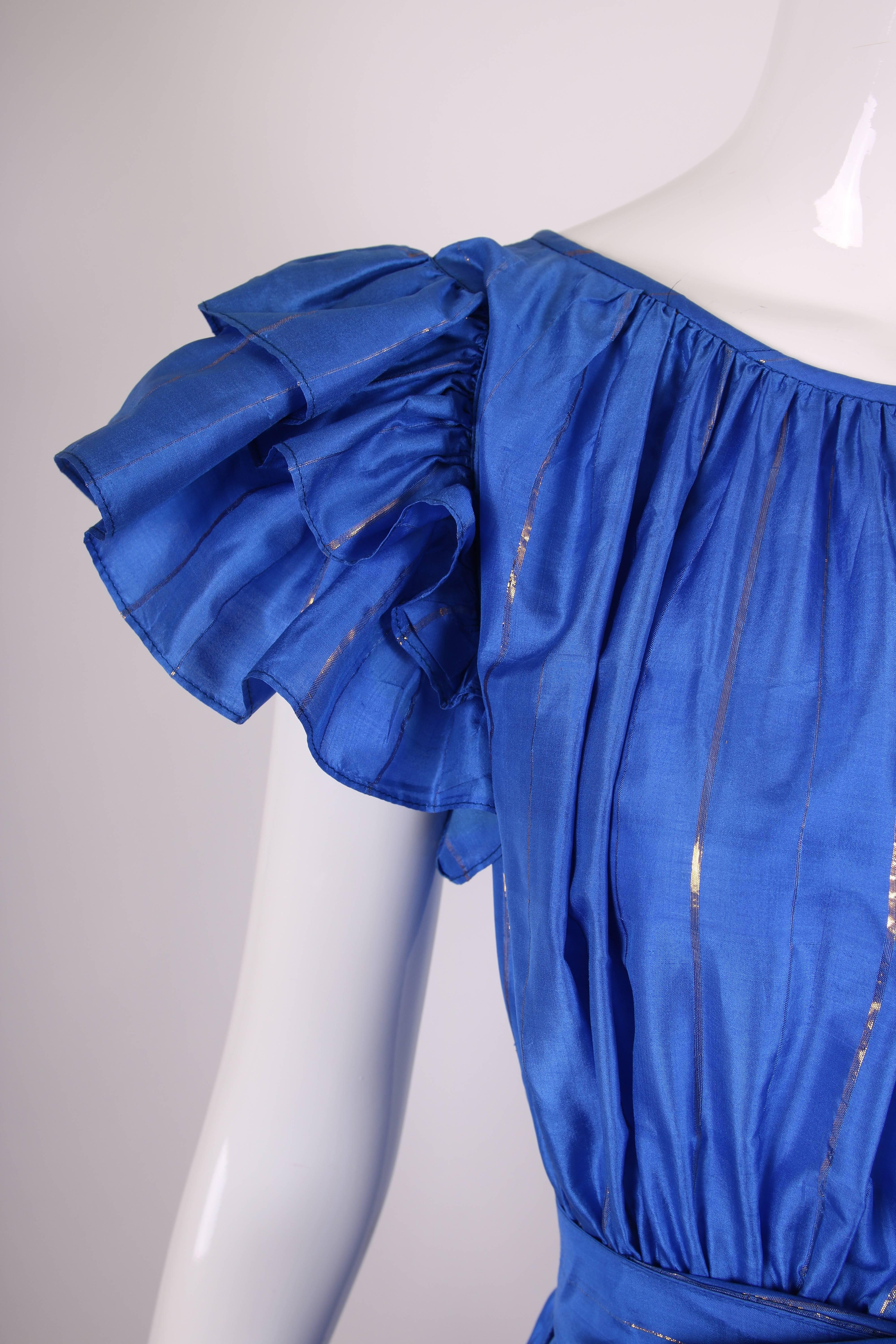 Yves Saint Laurent Blue Silk Tiered Skirt Metallic Stripes Ruffled Dress  2