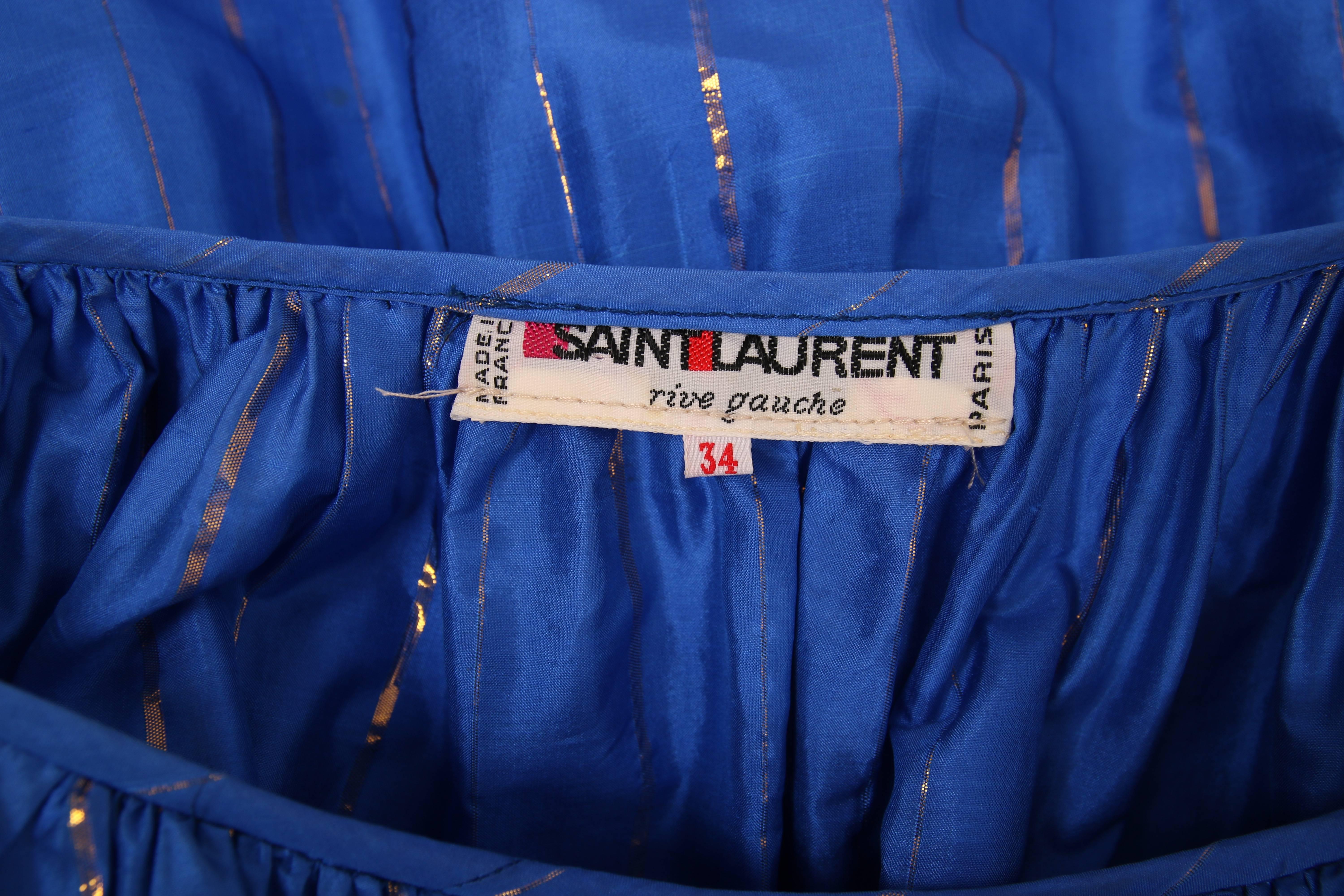 Yves Saint Laurent Blue Silk Tiered Skirt Metallic Stripes Ruffled Dress  3