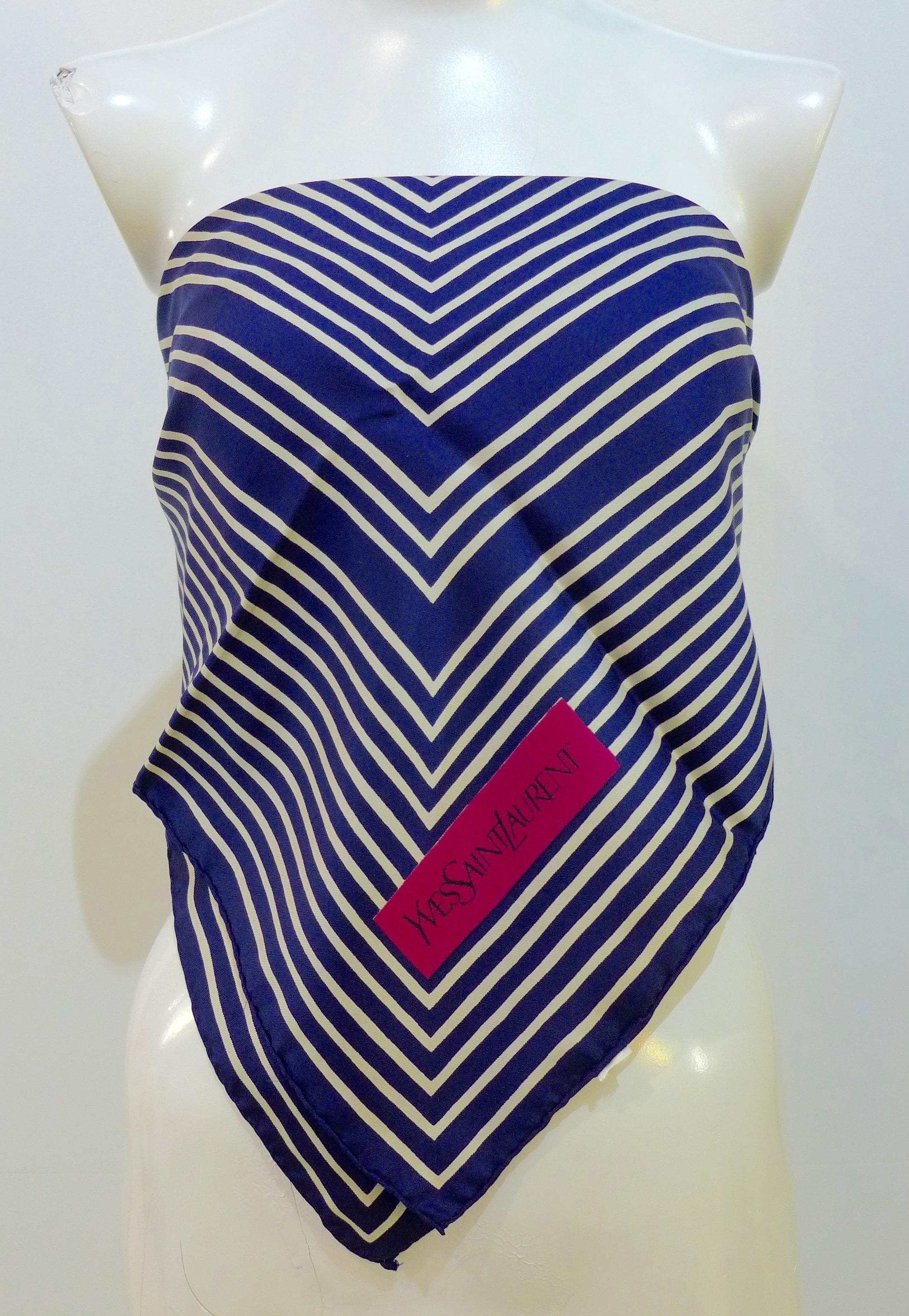 Yves Saint Laurent Blue Striped Silk Scarf In Good Condition In Los Angeles, CA