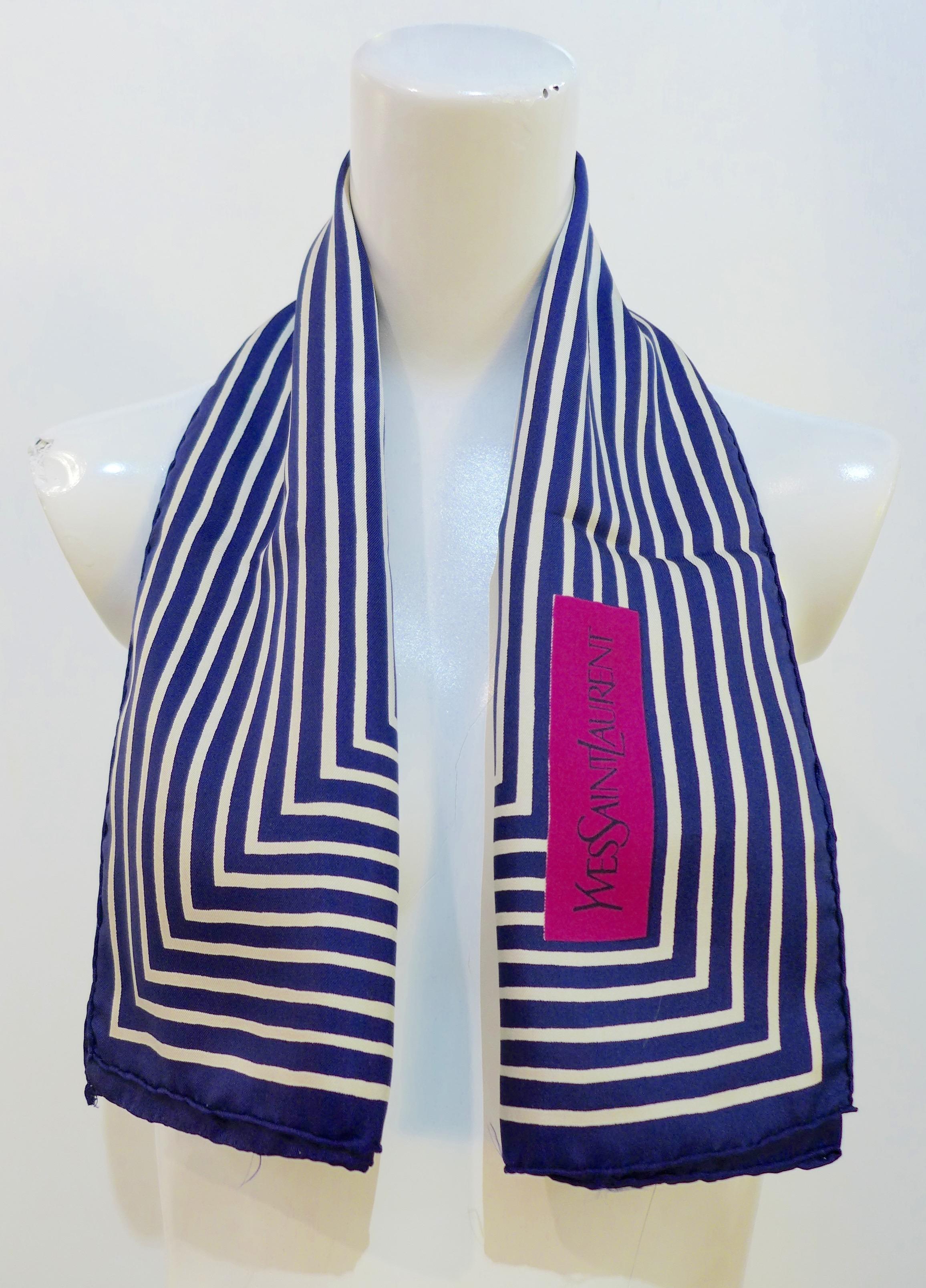 Women's or Men's Yves Saint Laurent Blue Striped Silk Scarf