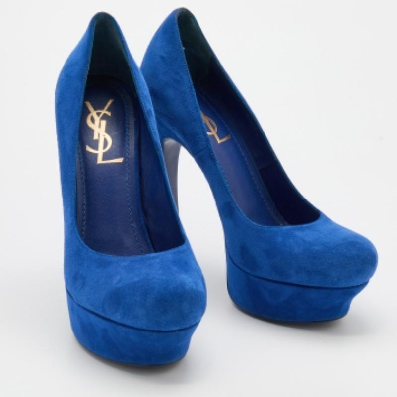 Escarpins Palais à bout ouvert en daim bleu Yves Saint Laurent, taille 36,5 Bon état - En vente à Dubai, Al Qouz 2