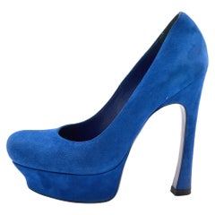 Yves Saint Laurent Blue Suede Palais Platform Peep Toe Pumps Size 36.5