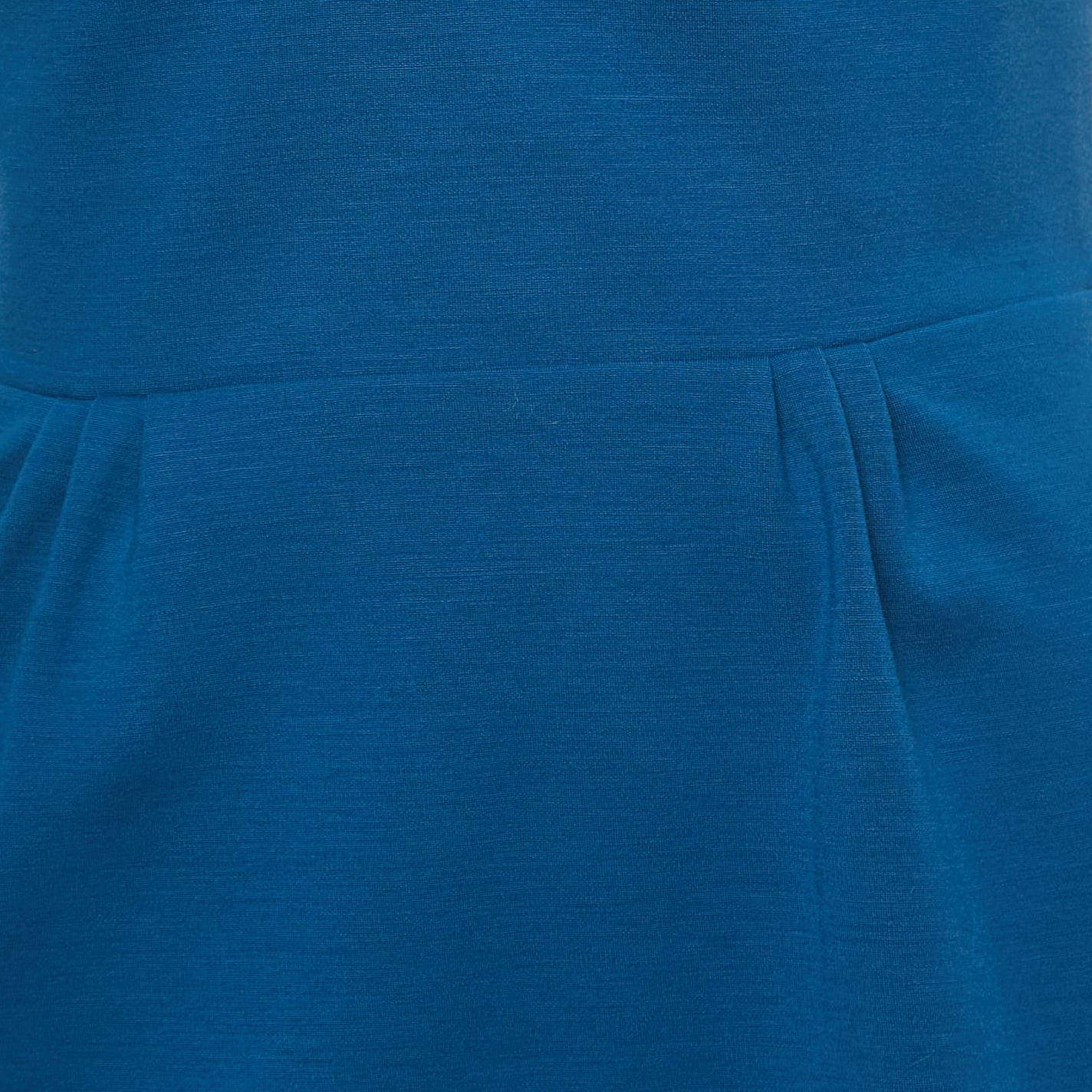 Yves Saint Laurent Blue Wool V-Neck Short Dress M In Good Condition For Sale In Dubai, Al Qouz 2