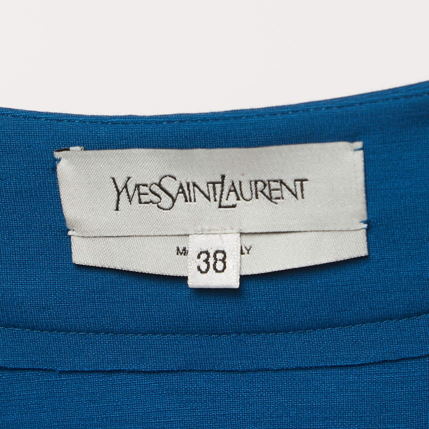 Yves Saint Laurent - Robe courte à col en V en laine bleue M en vente 1