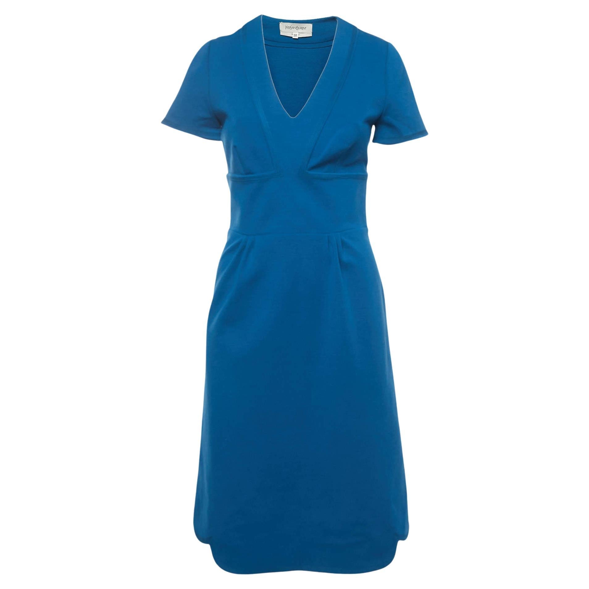 Yves Saint Laurent Blue Wool V-Neck Short Dress M For Sale