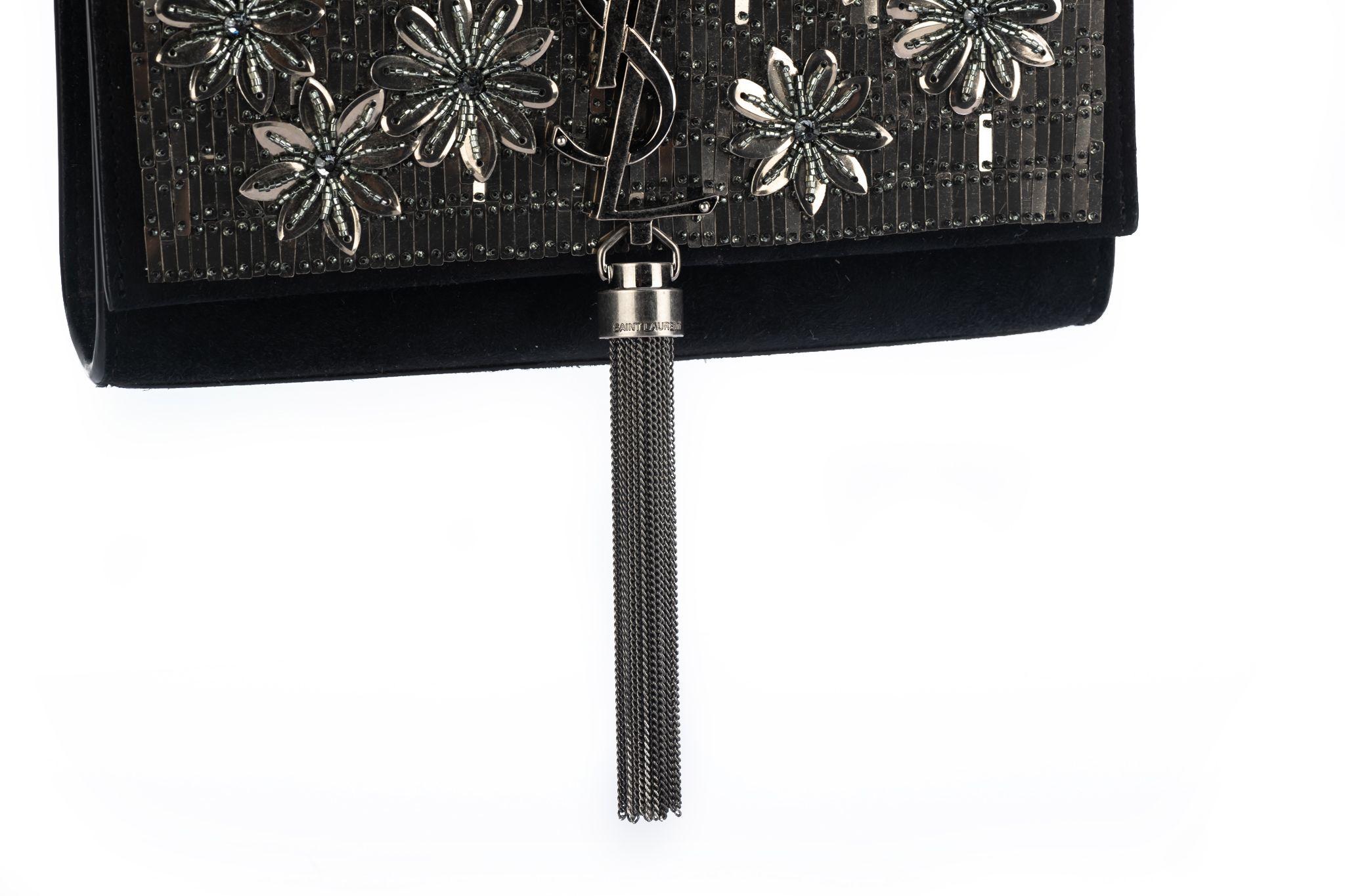 Yves Saint Laurent BN Black Suede Sequins Cross Body For Sale 4