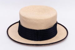 Yves Saint Laurent Boater Hat Decorated with a Pleated Navy Blue Ribbon