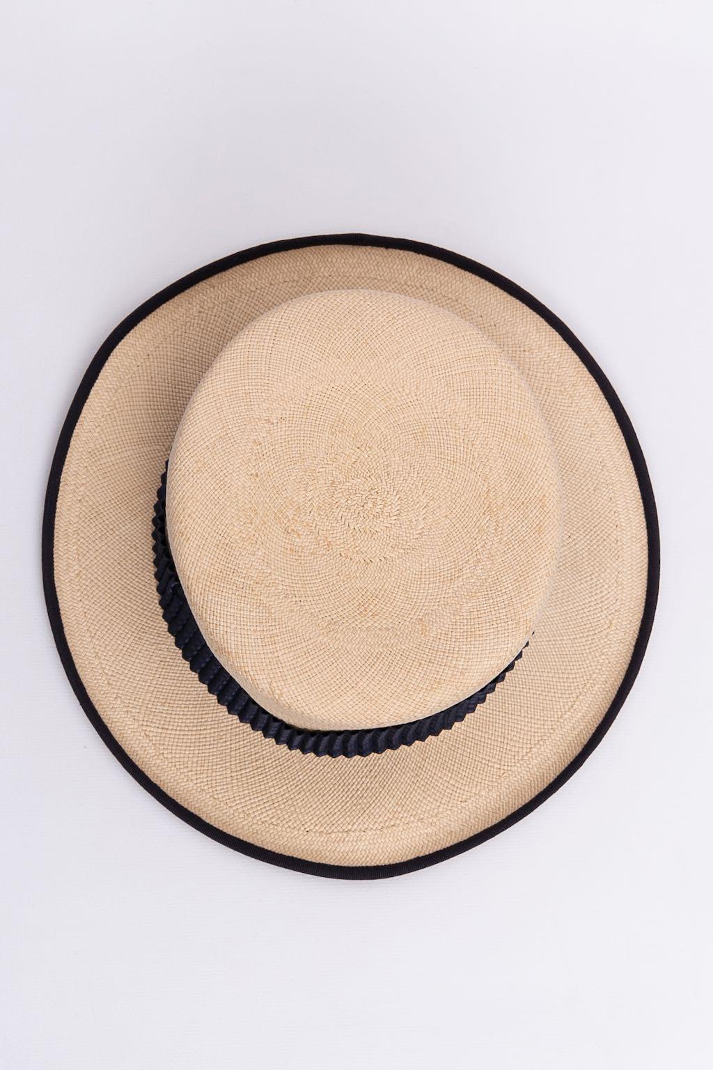Beige Yves Saint Laurent Boater Hat Decorated with a Pleated Navy Blue Ribbon For Sale