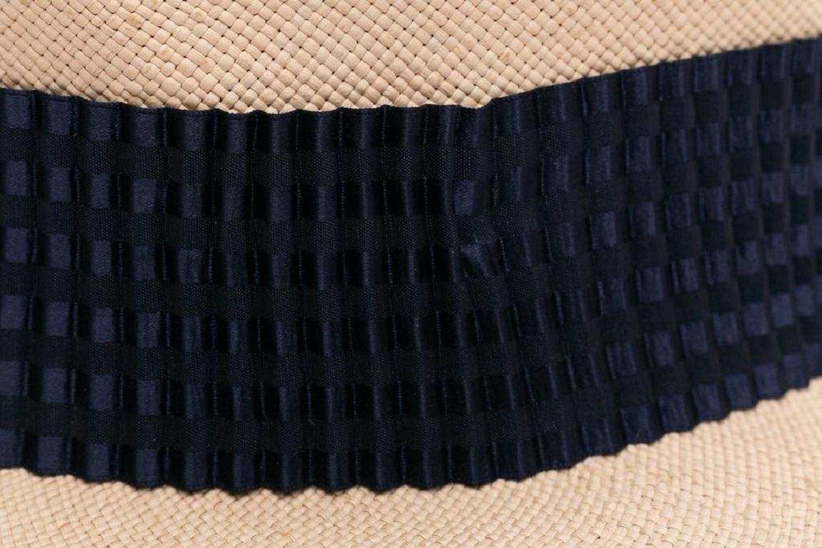 Women's Yves Saint Laurent Boater Hat Decorated with a Pleated Navy Blue Ribbon For Sale