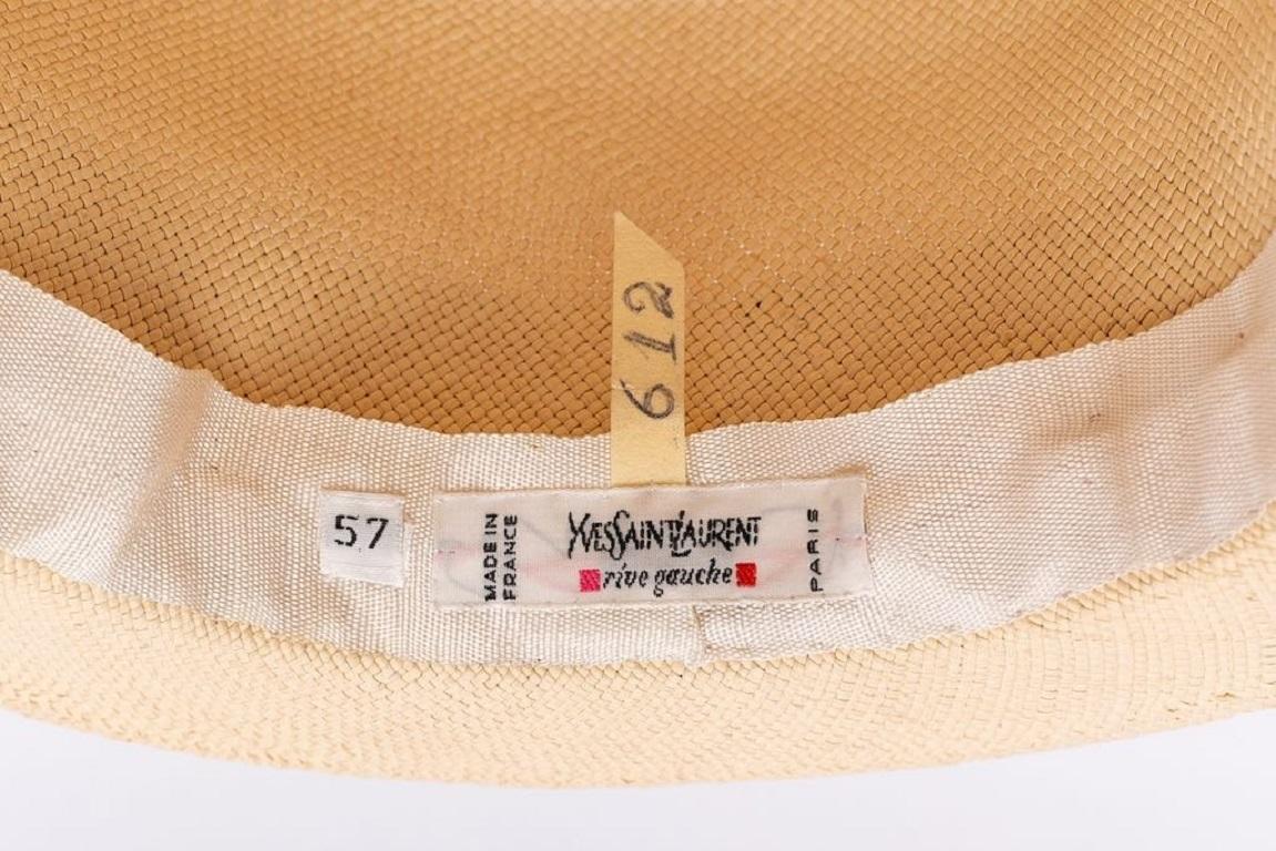Yves Saint Laurent Boater Hat Decorated with a Pleated Navy Blue Ribbon For Sale 1