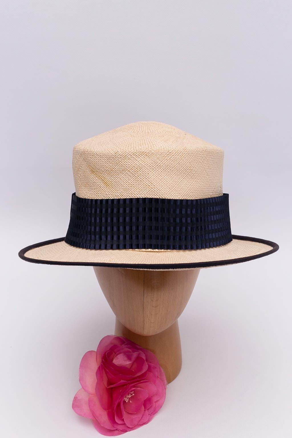 Yves Saint Laurent Boater Hat Decorated with a Pleated Navy Blue Ribbon For Sale 2