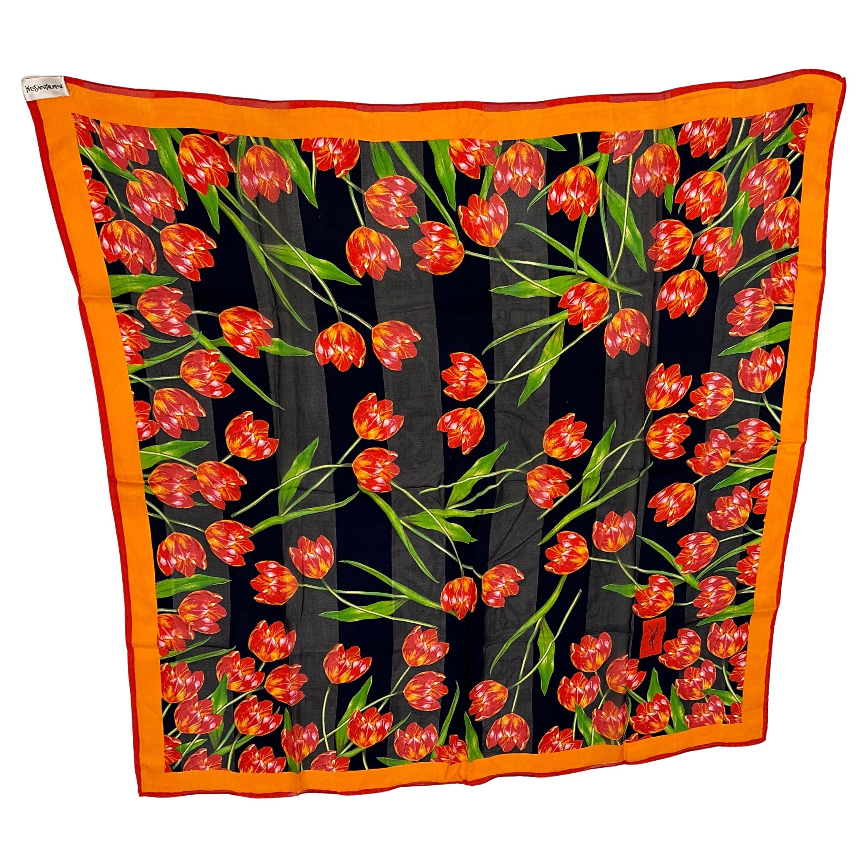 Yves Saint Laurent Bold "Garden Of Blooming Tulips" Silk & Silk Chiffon Scarf For Sale