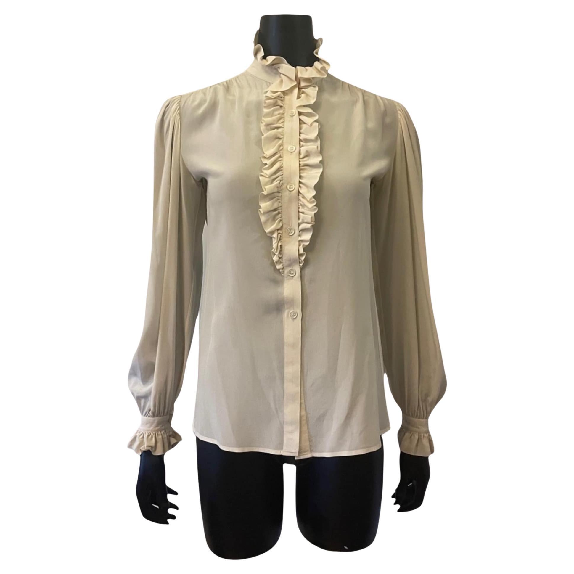 Yves Saint Laurent Bone Beige Silk Blouse, Circa 1970s For Sale