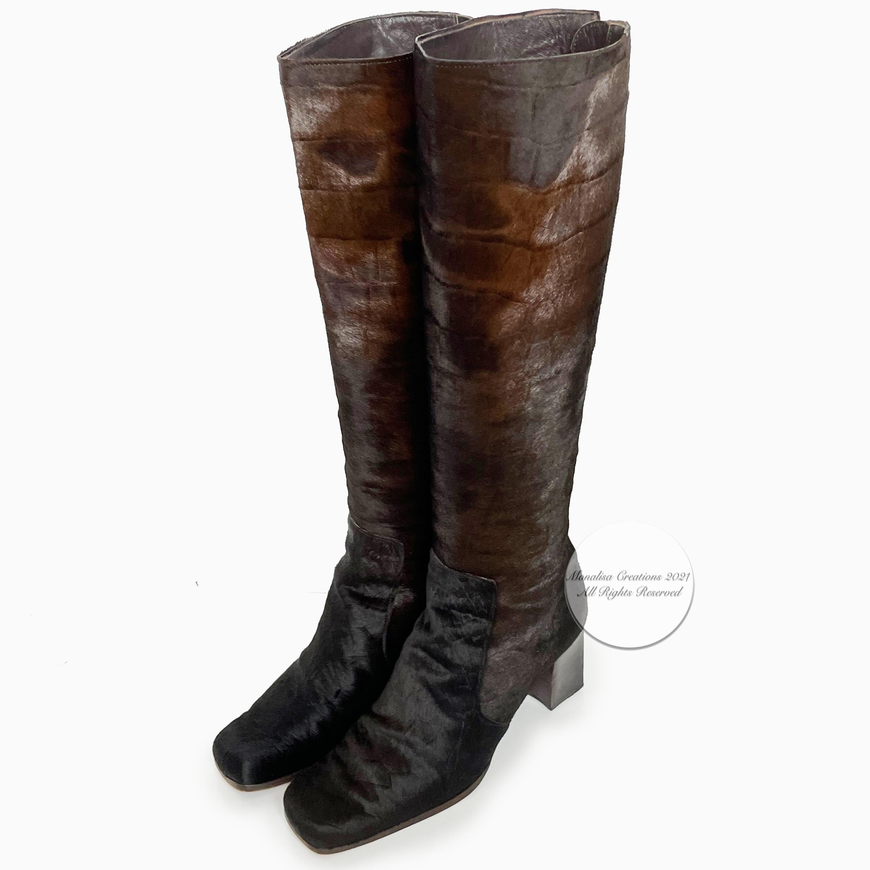 Black Yves Saint Laurent Boots Knee High Brown Pony Croc Textured Sz 8.5 M Vintage