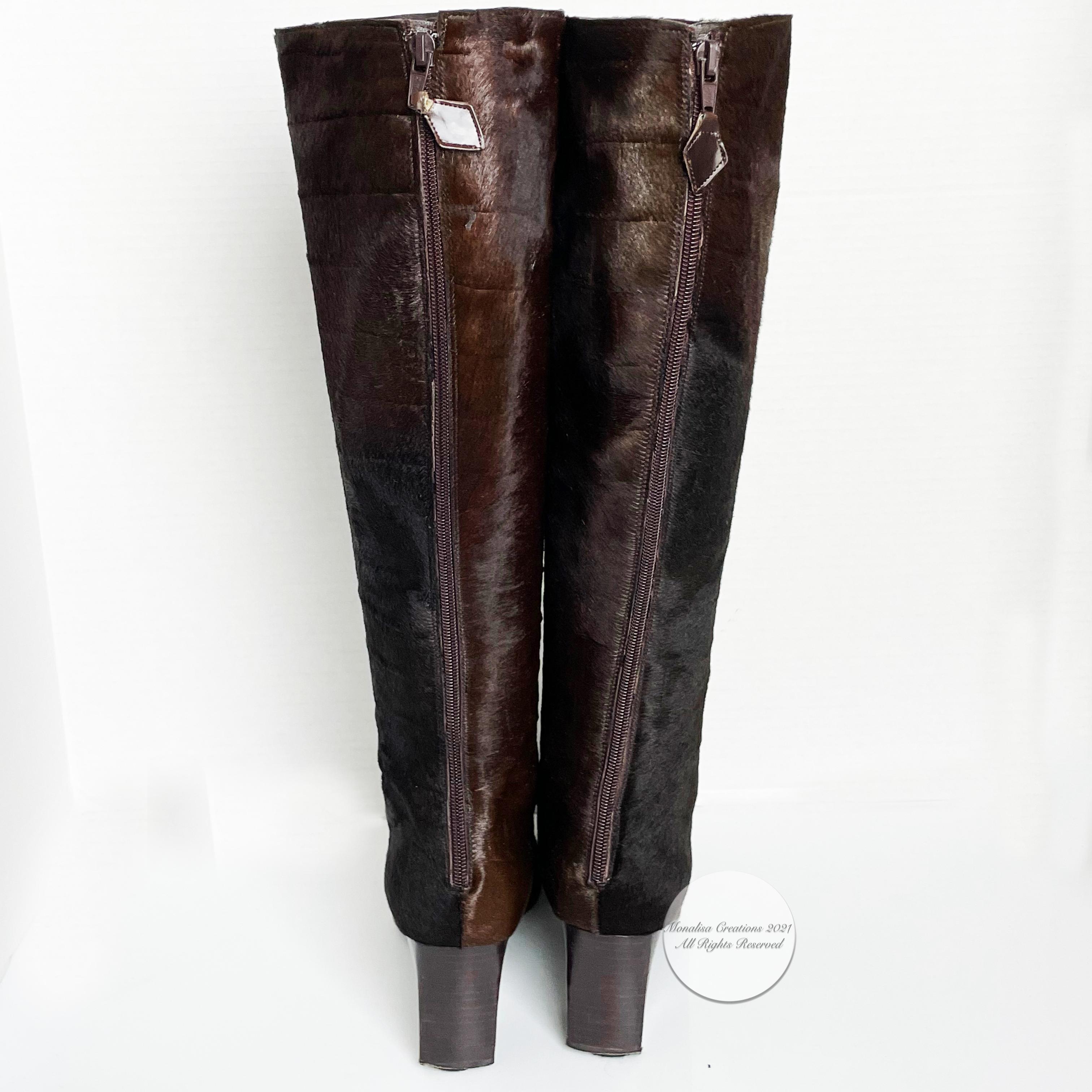 Yves Saint Laurent Boots Knee High Brown Pony Croc Textured Sz 8.5 M Vintage In Good Condition In Port Saint Lucie, FL