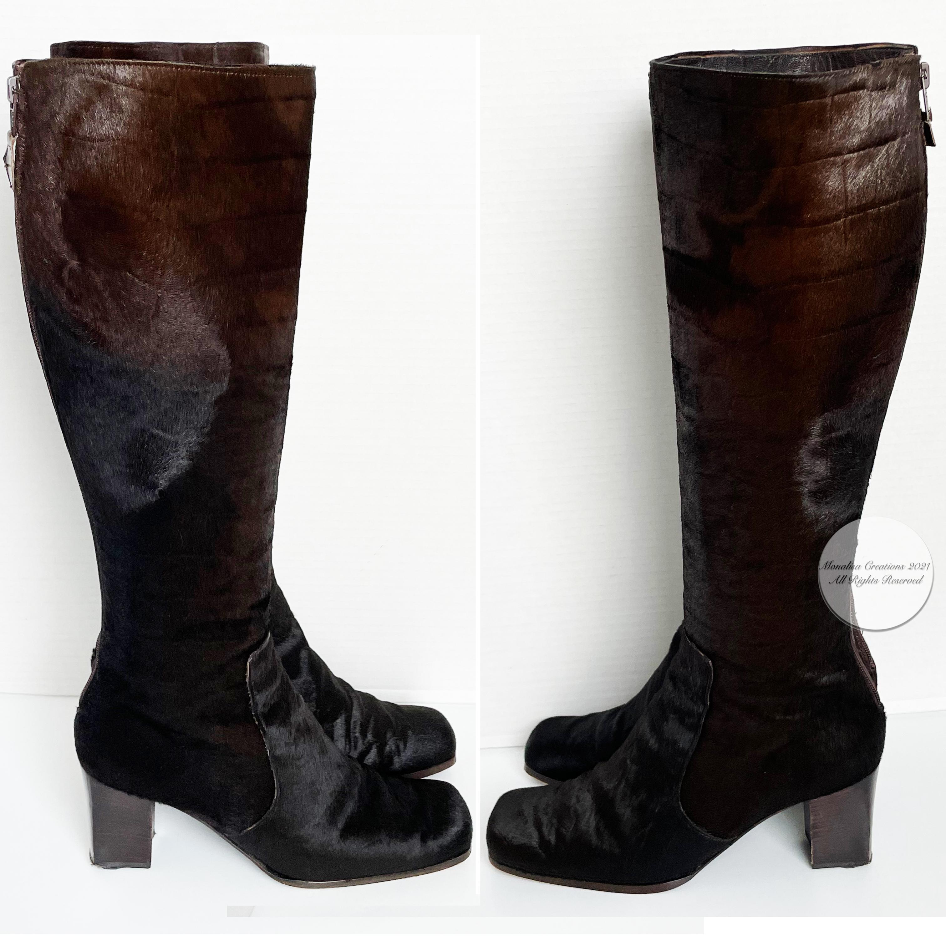 Women's Yves Saint Laurent Boots Knee High Brown Pony Croc Textured Sz 8.5 M Vintage