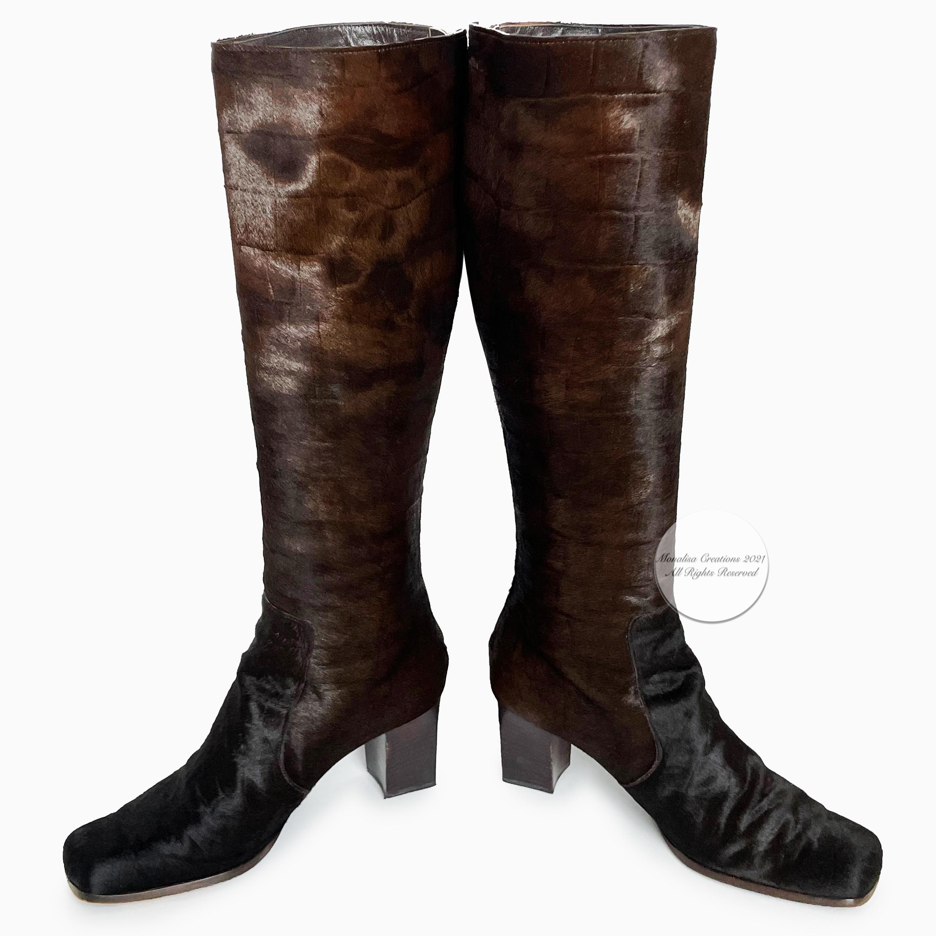 Yves Saint Laurent Boots Knee High Brown Pony Croc Textured Sz 8.5 M Vintage 2