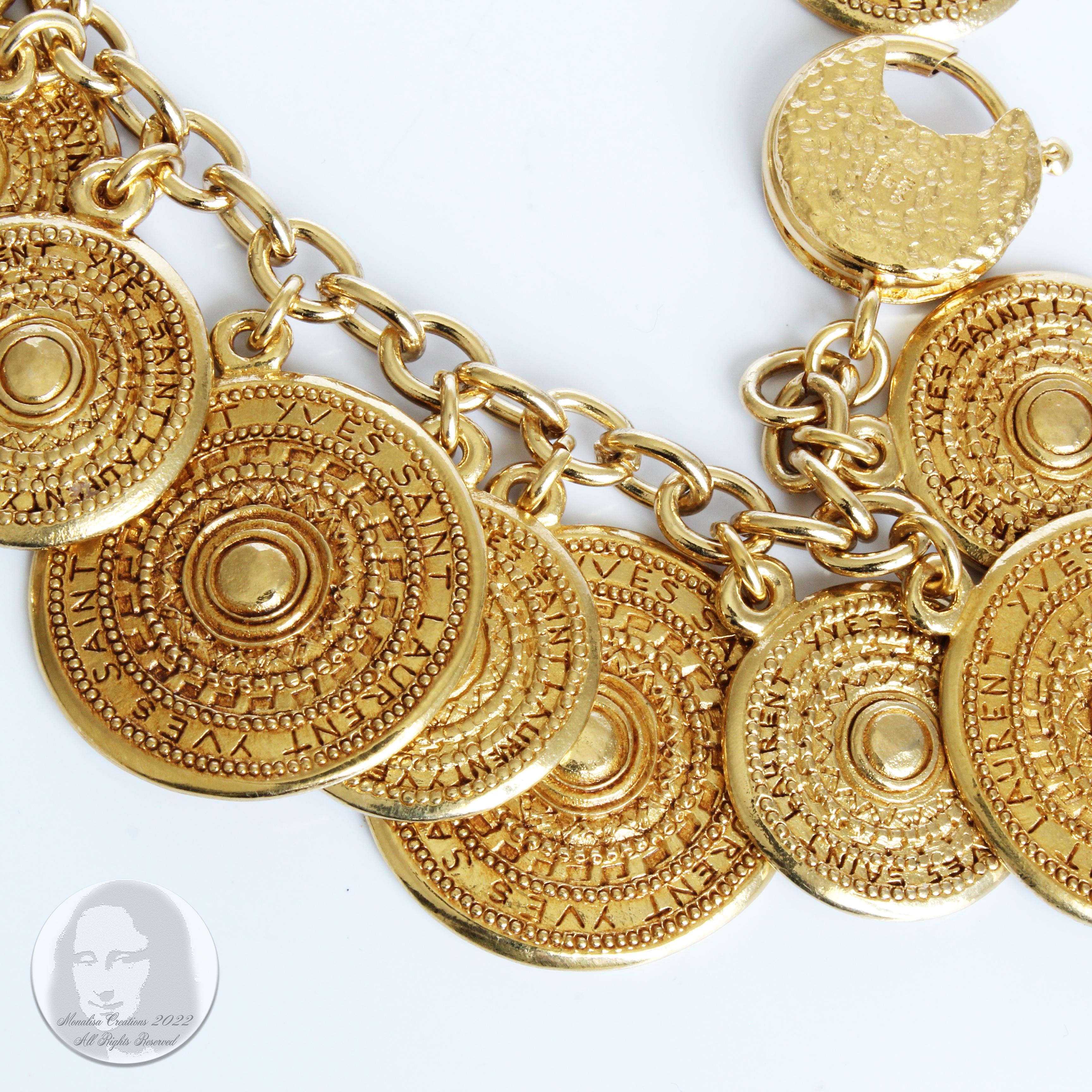 Yves Saint Laurent Bracelet Gypsy Coins YSL Charms Gold Medallion Metal Vintage  5