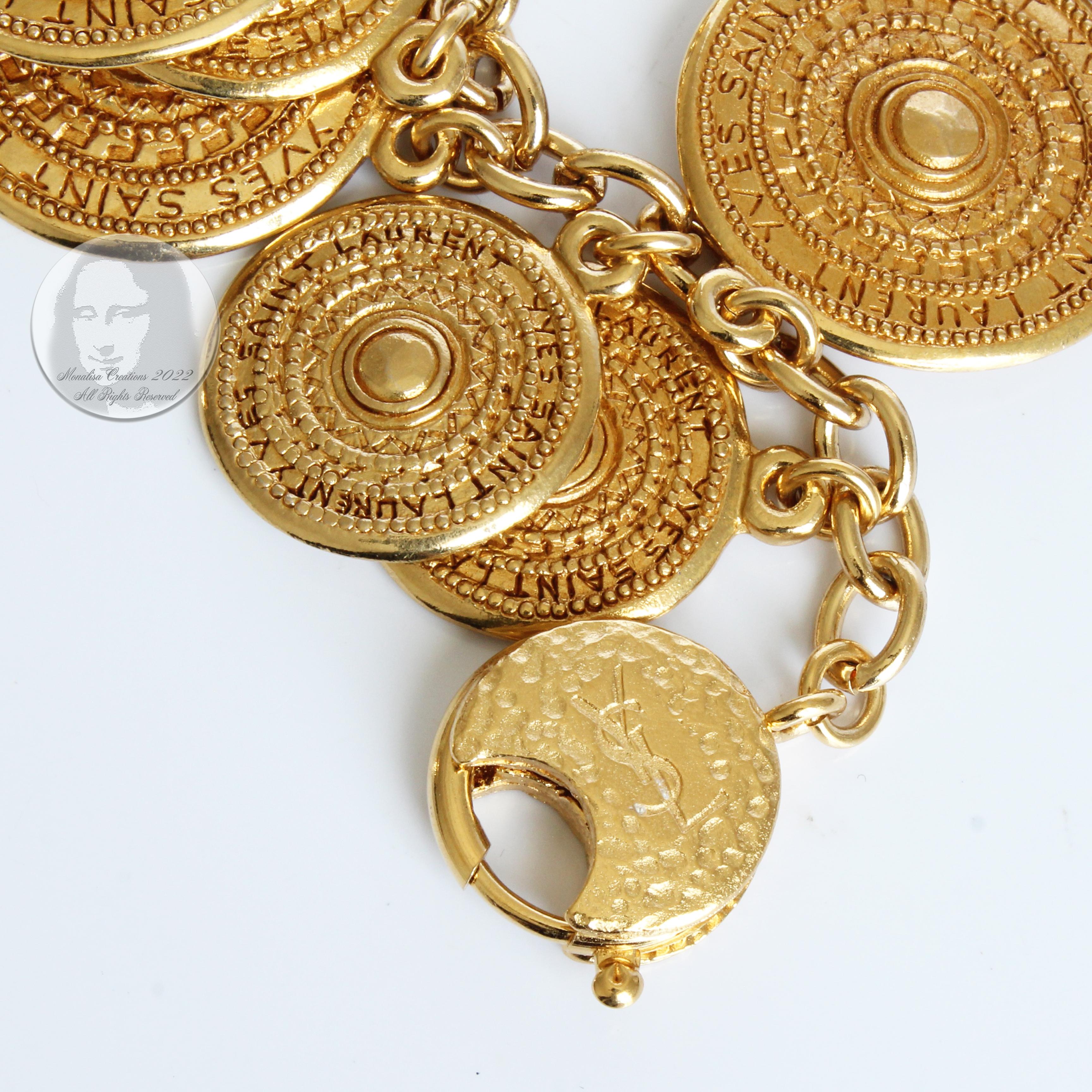 Yves Saint Laurent Bracelet Gypsy Coins YSL Charms Gold Medallion Metal Vintage  6