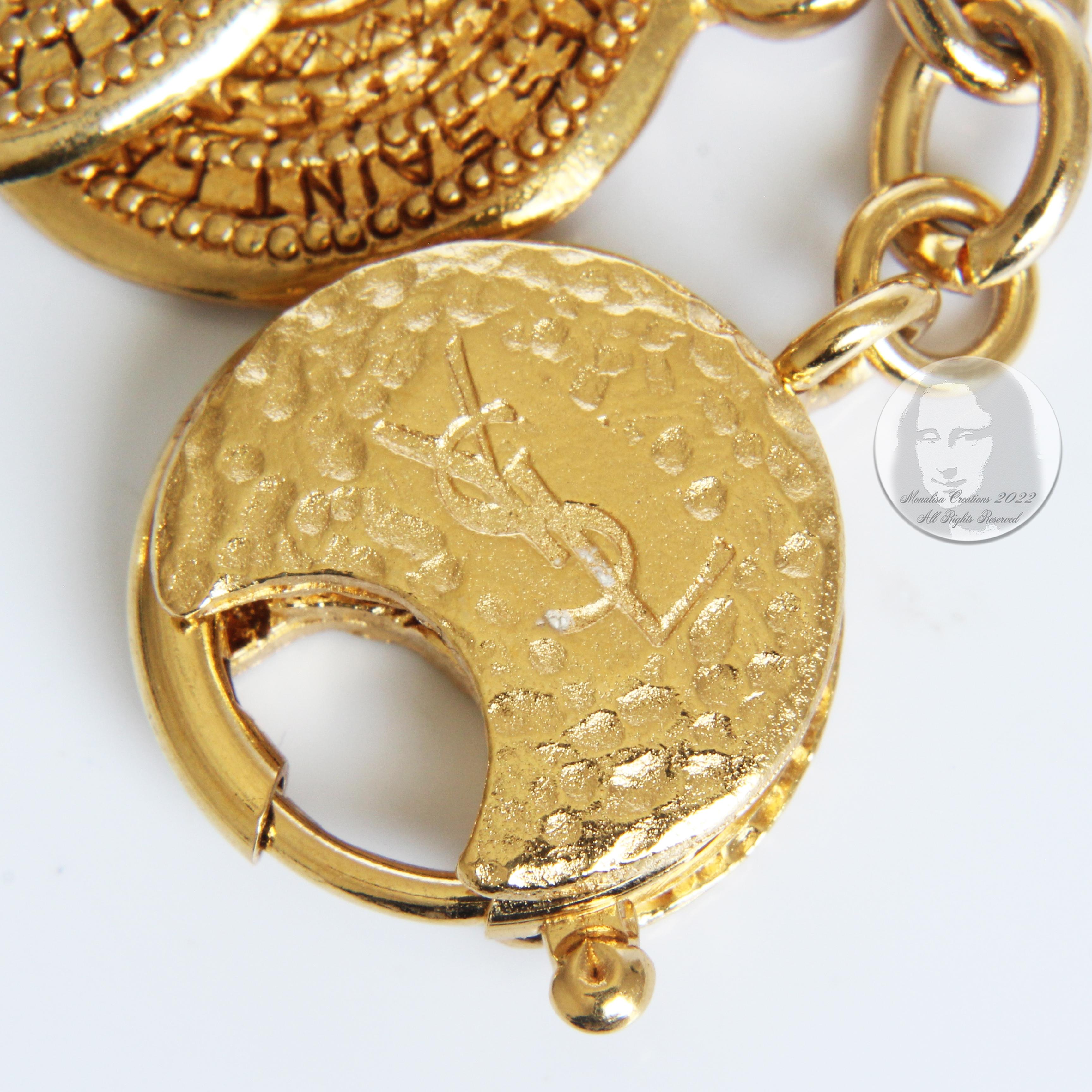 Yves Saint Laurent Bracelet Gypsy Coins YSL Charms Gold Medallion Metal Vintage  7
