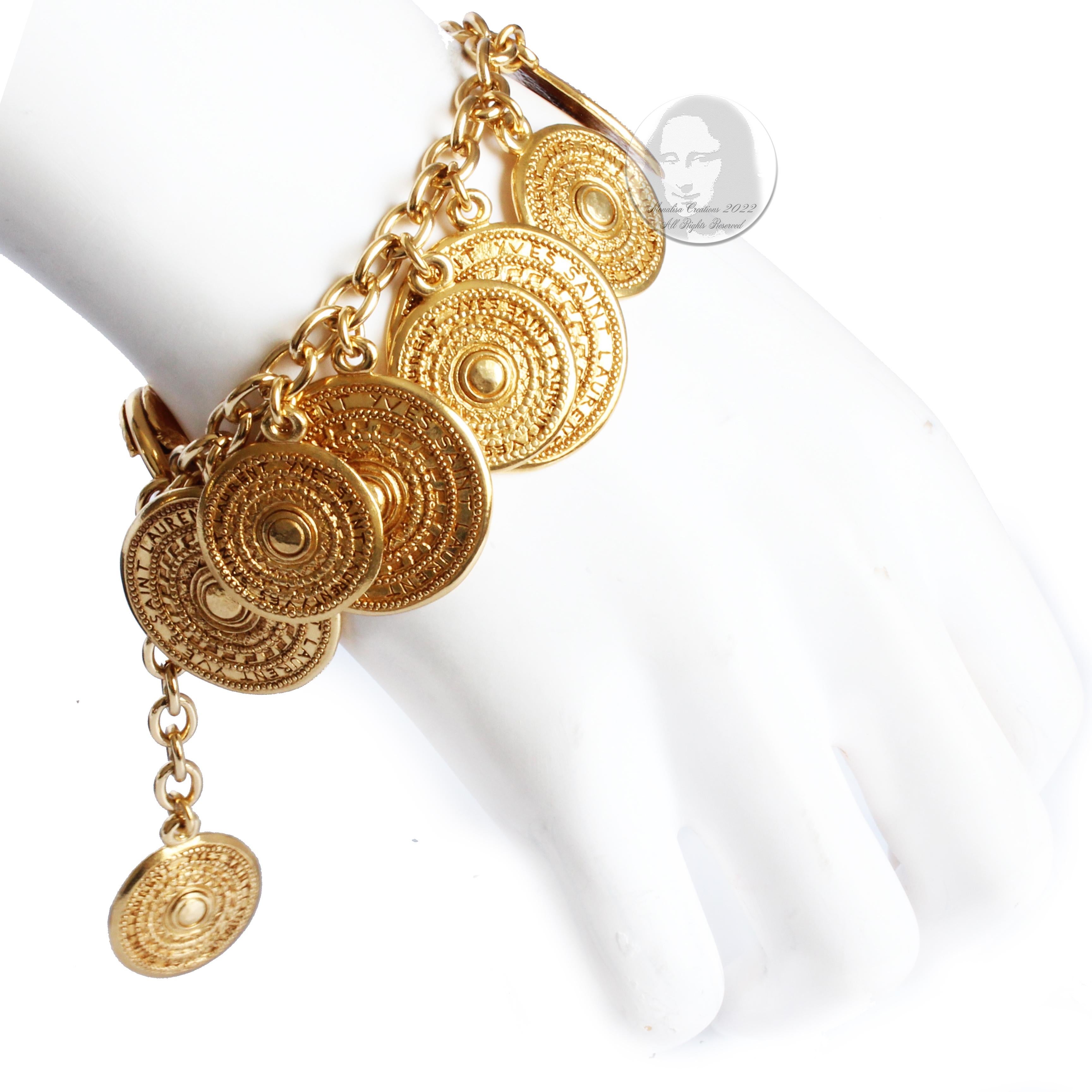 Contemporary Yves Saint Laurent Bracelet Gypsy Coins YSL Charms Gold Medallion Metal Vintage 