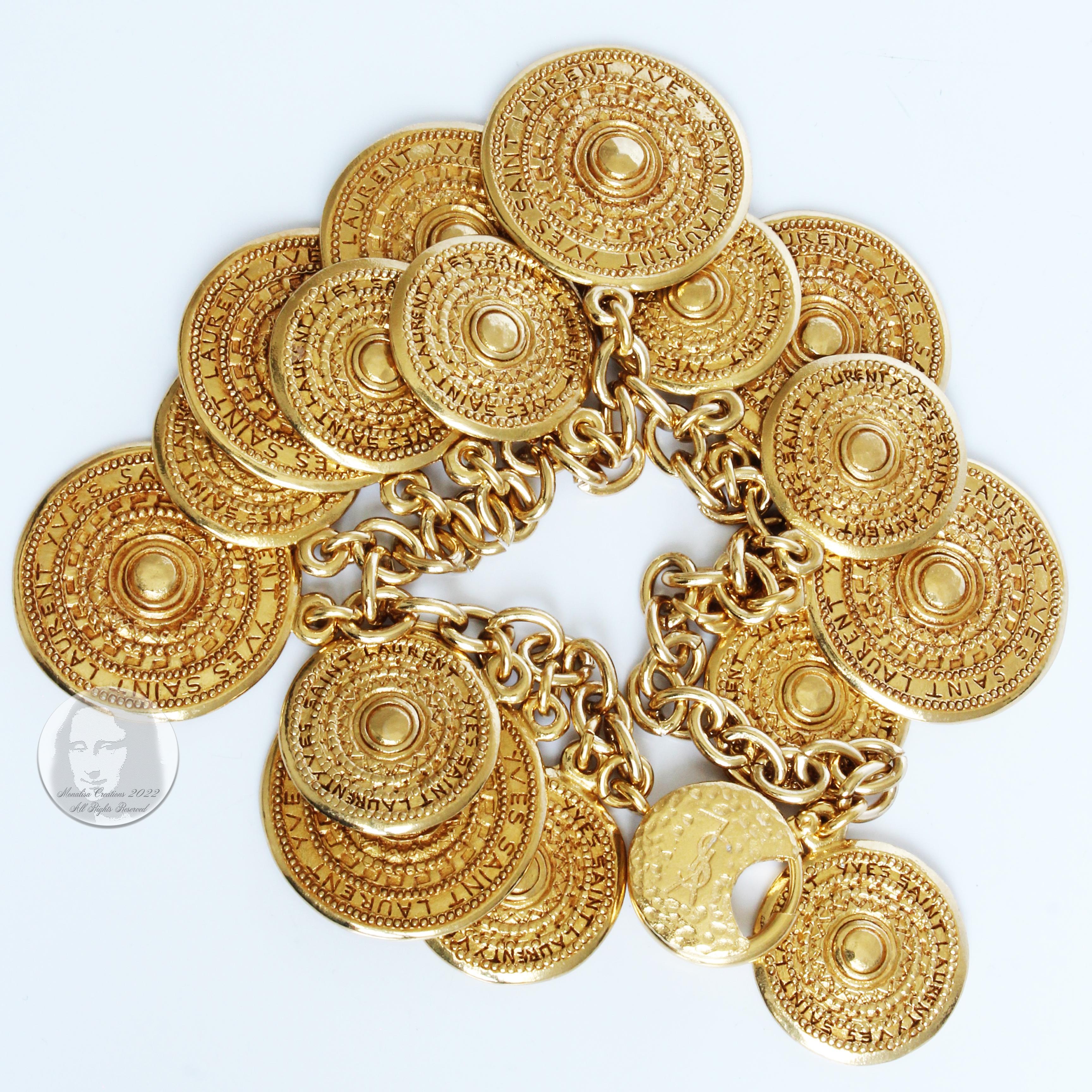 Yves Saint Laurent Bracelet Gypsy Coins YSL Charms Gold Medallion Metal Vintage  1