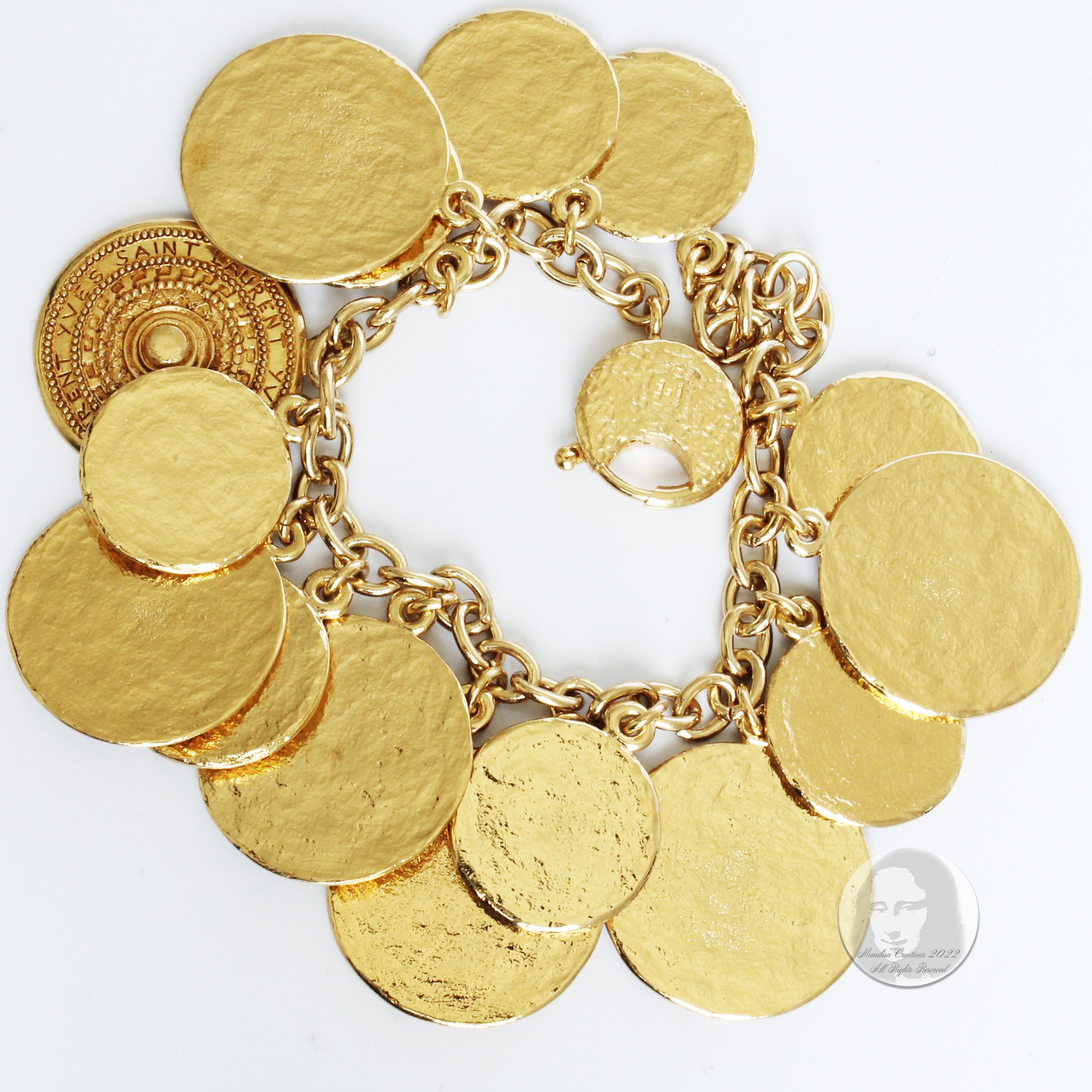 Yves Saint Laurent Bracelet Gypsy Coins YSL Charms Gold Medallion Metal Vintage  2