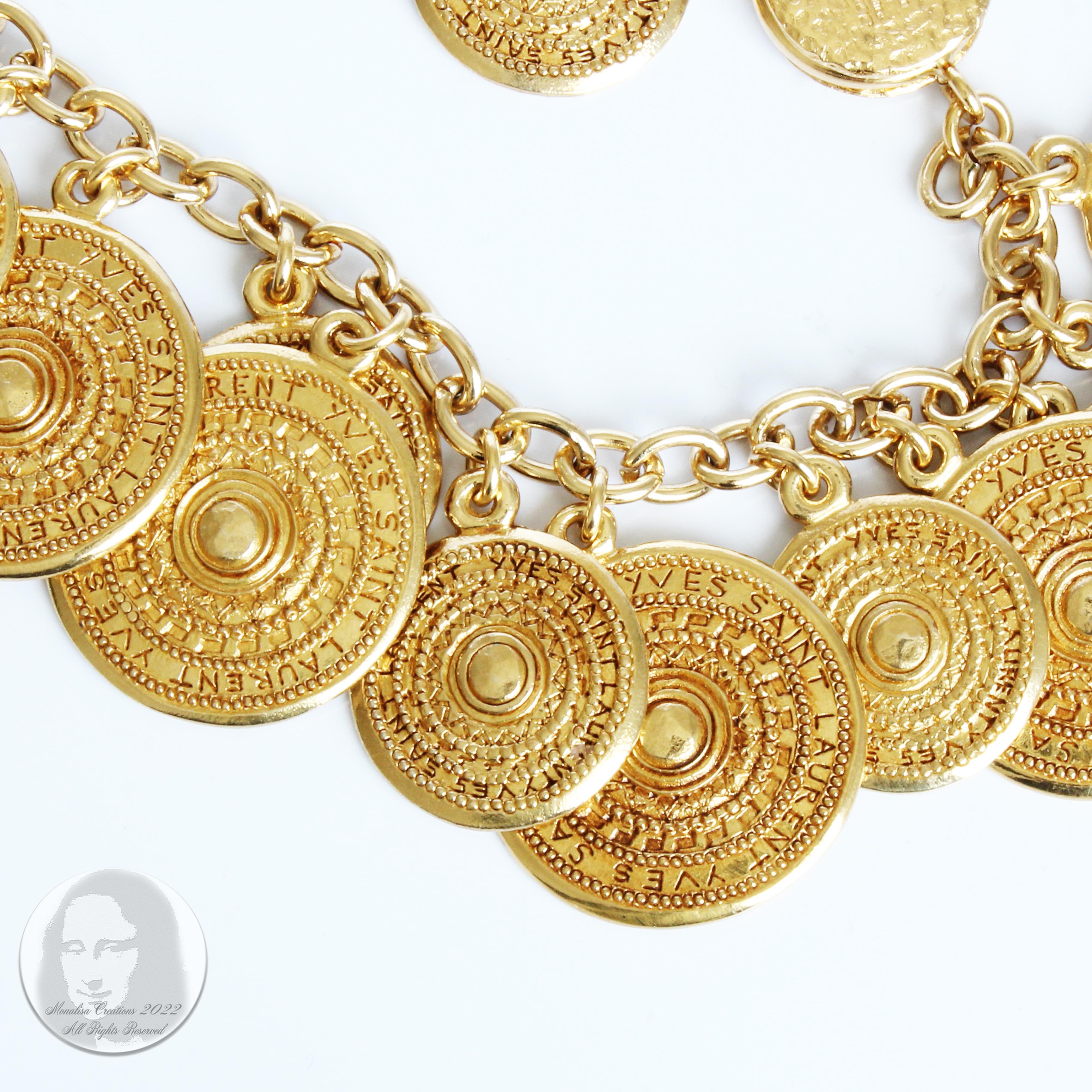 Yves Saint Laurent Bracelet Gypsy Coins YSL Charms Gold Medallion Metal Vintage  3