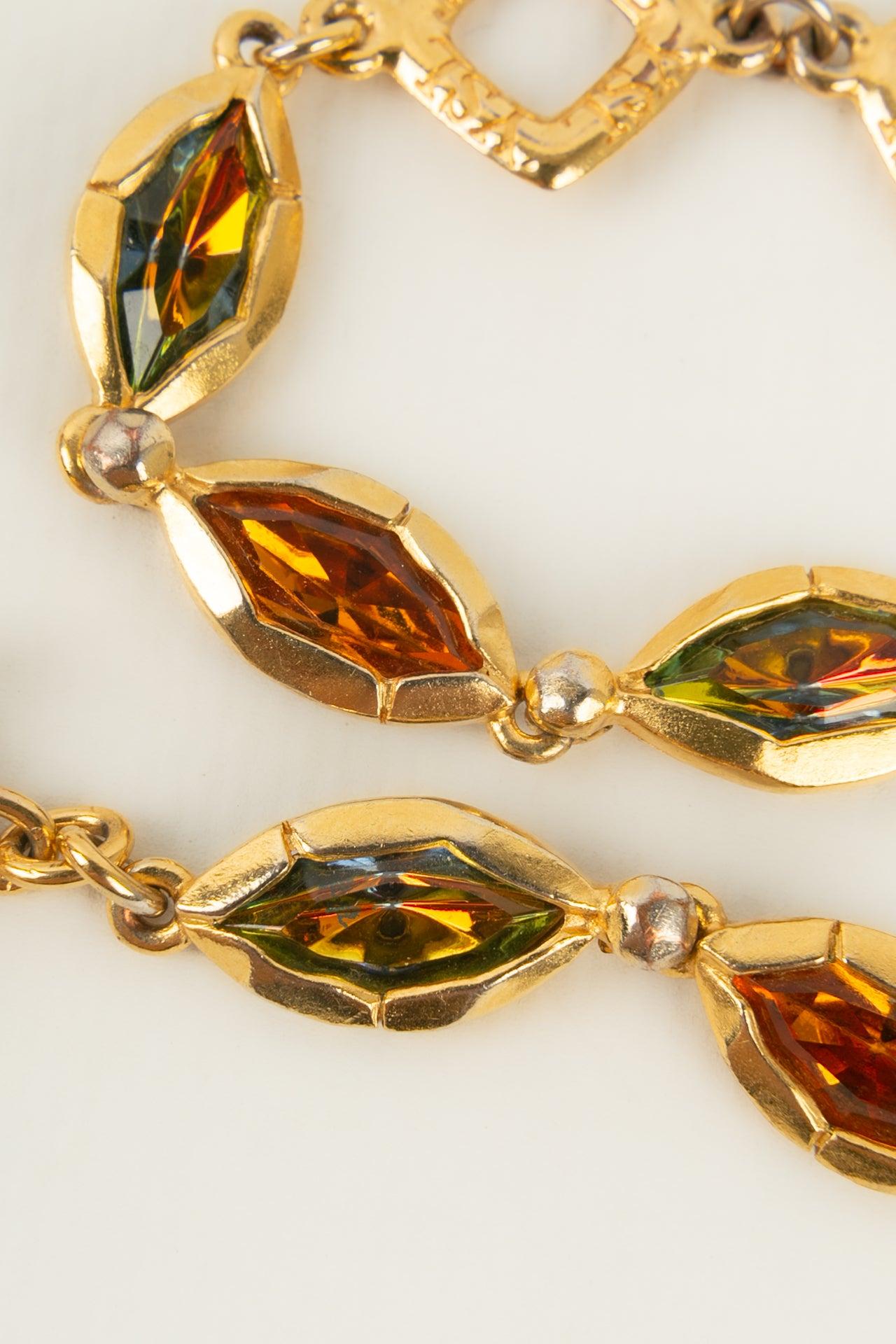 Yves Saint Laurent Bracelet in Gold-Plated Metal and Orange Rhinestones In Excellent Condition For Sale In SAINT-OUEN-SUR-SEINE, FR