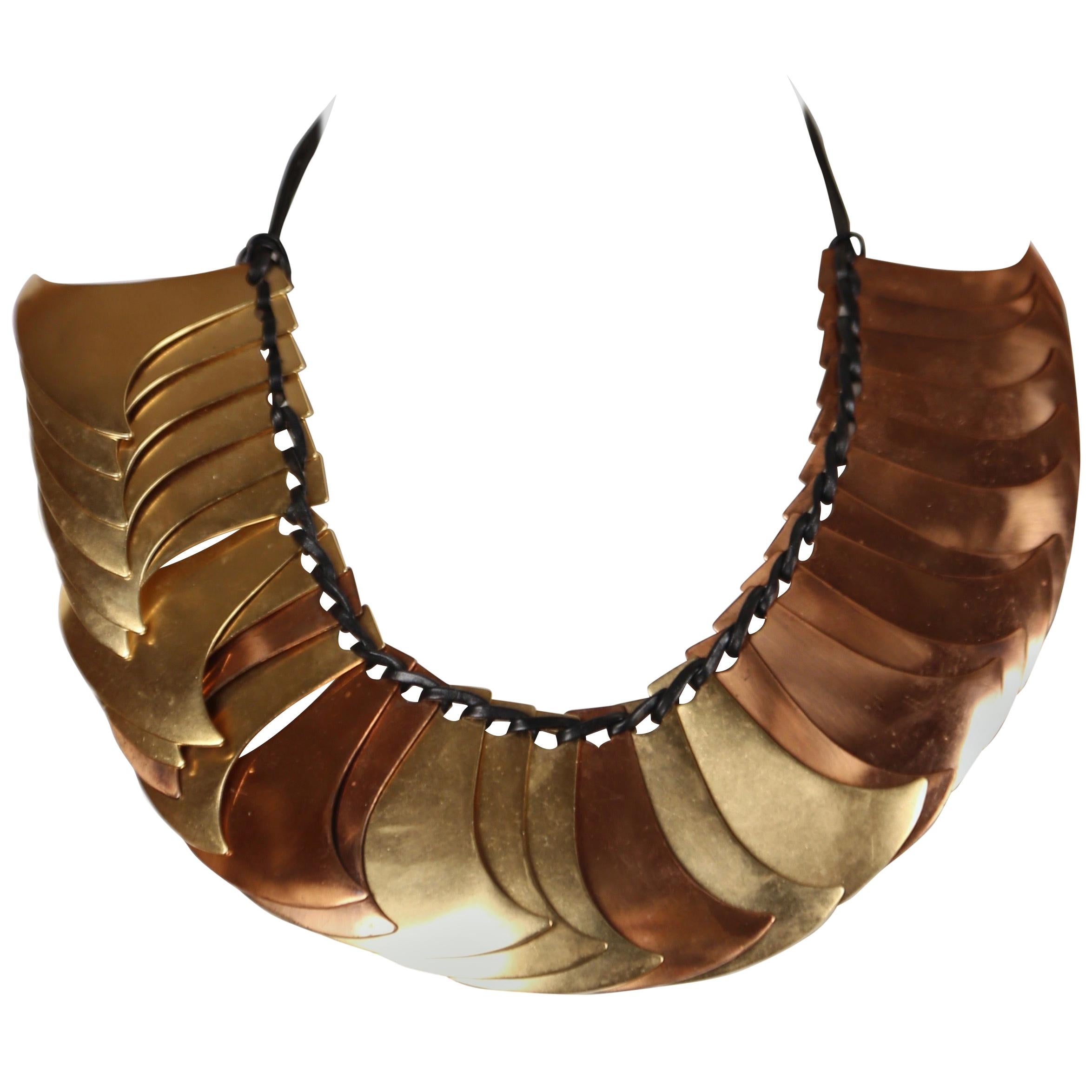 1983 YVES SAINT LAURENT brass and copper numbered RUNWAY necklace For Sale