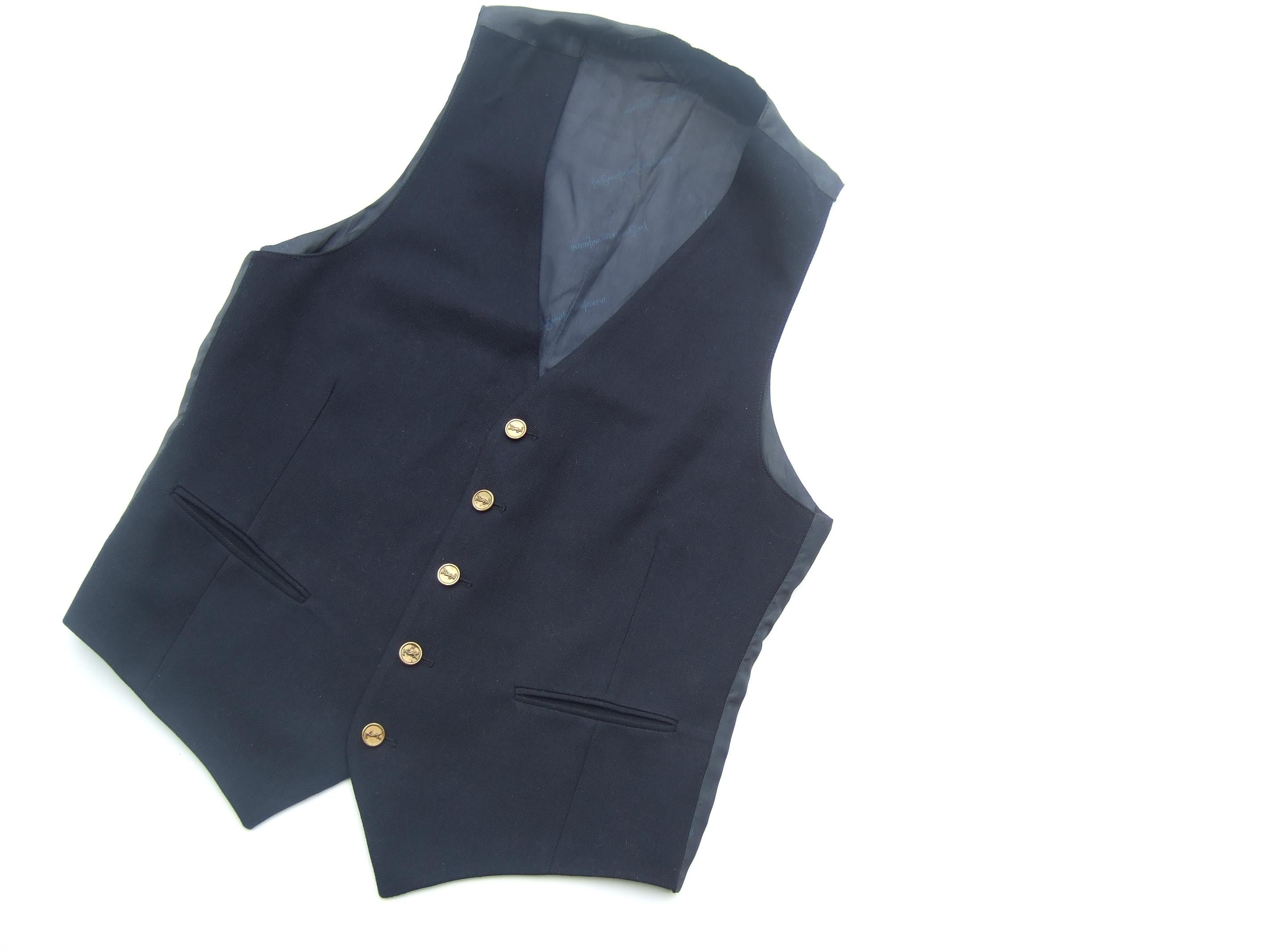 Black Yves Saint Laurent Brass YSL Buttons Dark Blue Wool Men's Unisex Vest c 1970s For Sale