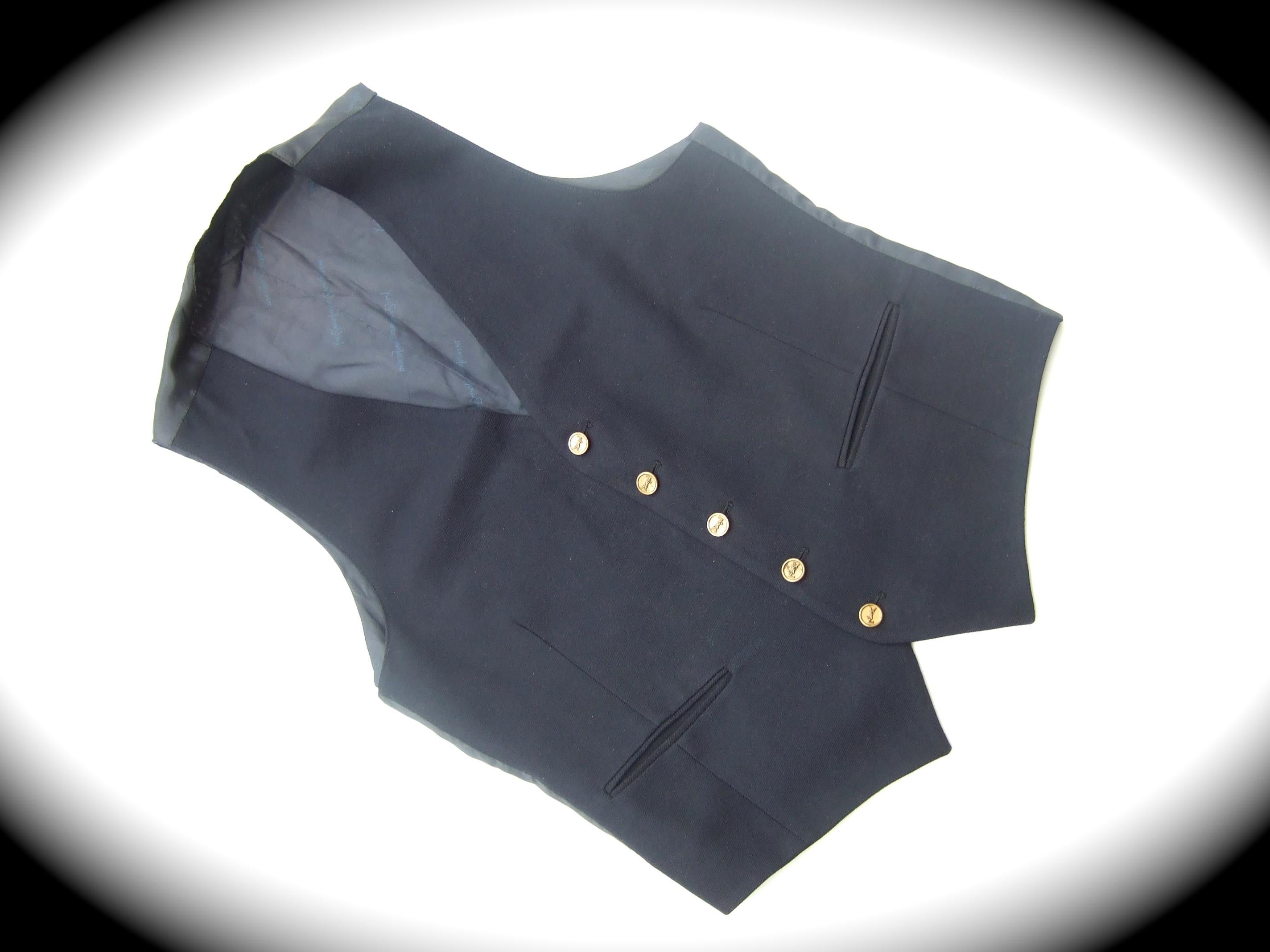 Yves Saint Laurent Brass YSL Buttons Dark Blue Wool Men's Unisex Vest c 1970s In Good Condition For Sale In University City, MO