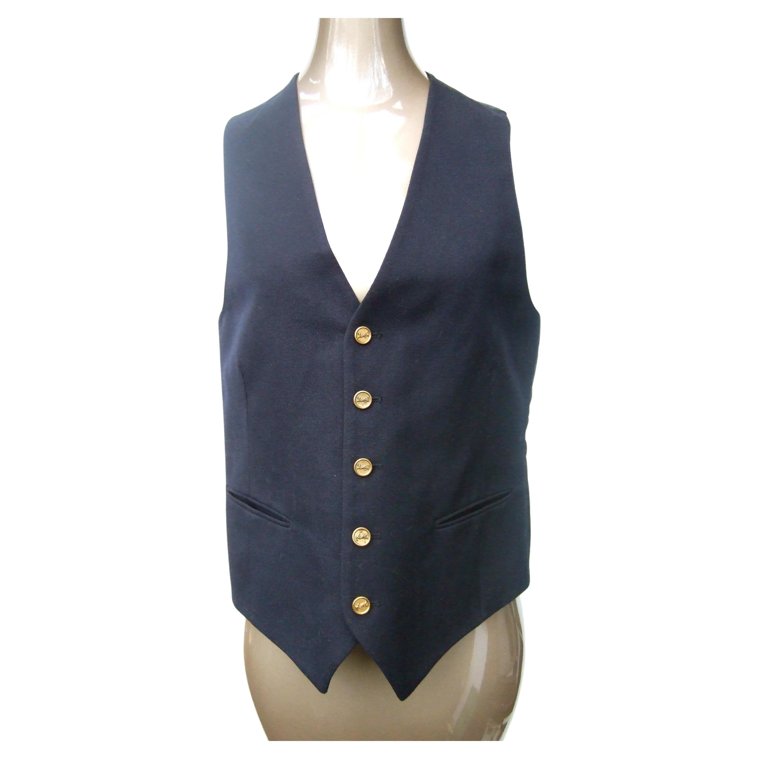 Yves Saint Laurent Brass YSL Buttons Dark Blue Wool Men's Unisex Vest c 1970s For Sale