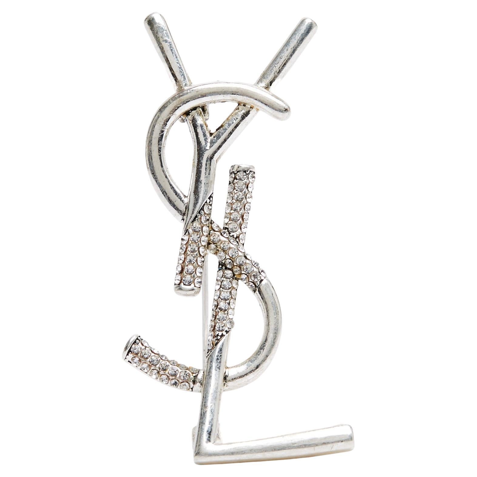 Yves Saint Laurent Broche Cassandre Strass YSL Medium Silver metal Brooch en venta