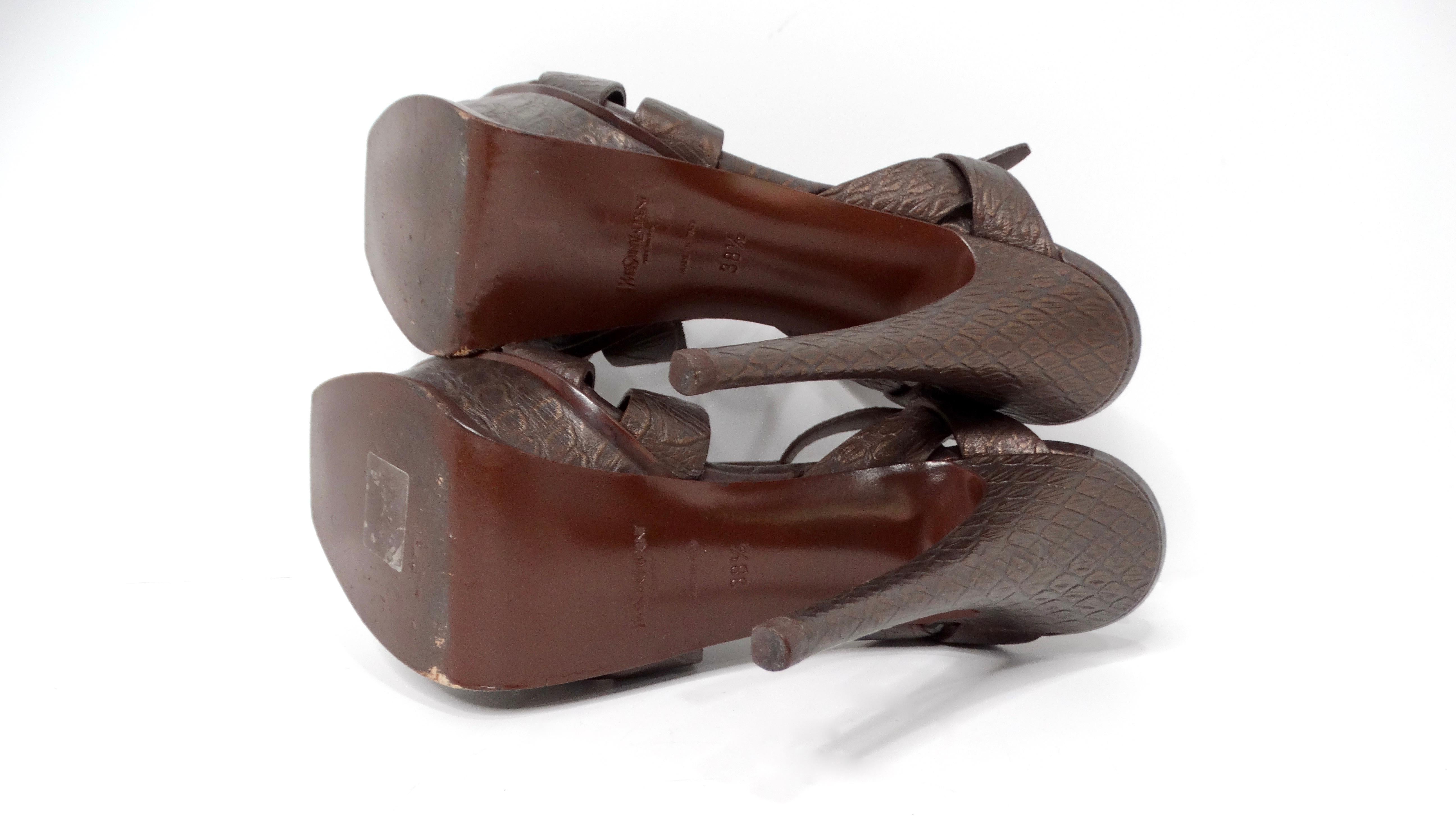 Yves Saint Laurent Bronze Tribute Croc Embossed Platform Leather High Heels For Sale 3