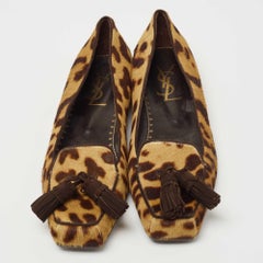 Yves Saint Laurent Brown/Beige Leopard Print Calf Hair Fringe Loafers Size 41