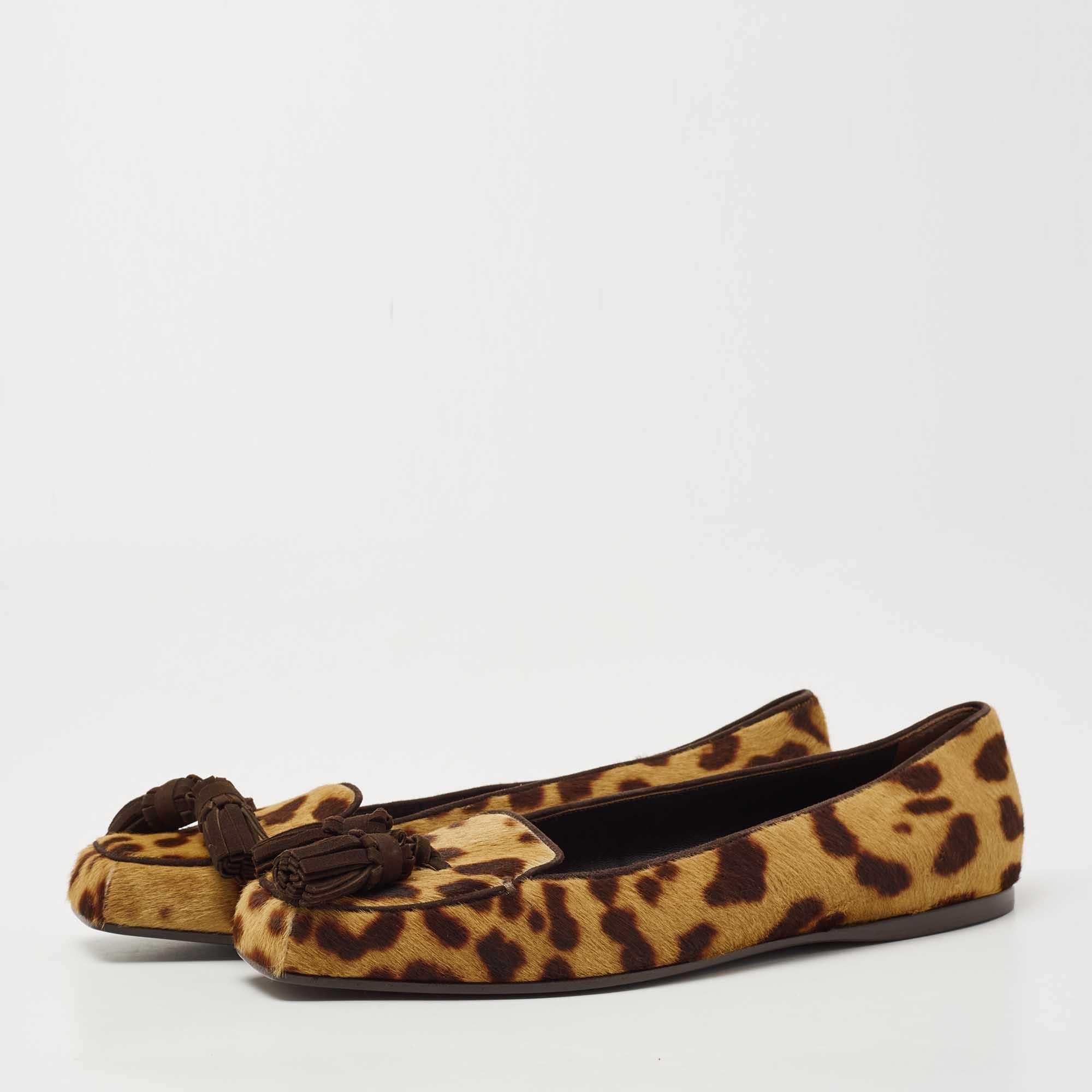Women's Yves Saint Laurent Brown/Beige Leopard Print Calf Hair Fringe Loafers Size 41