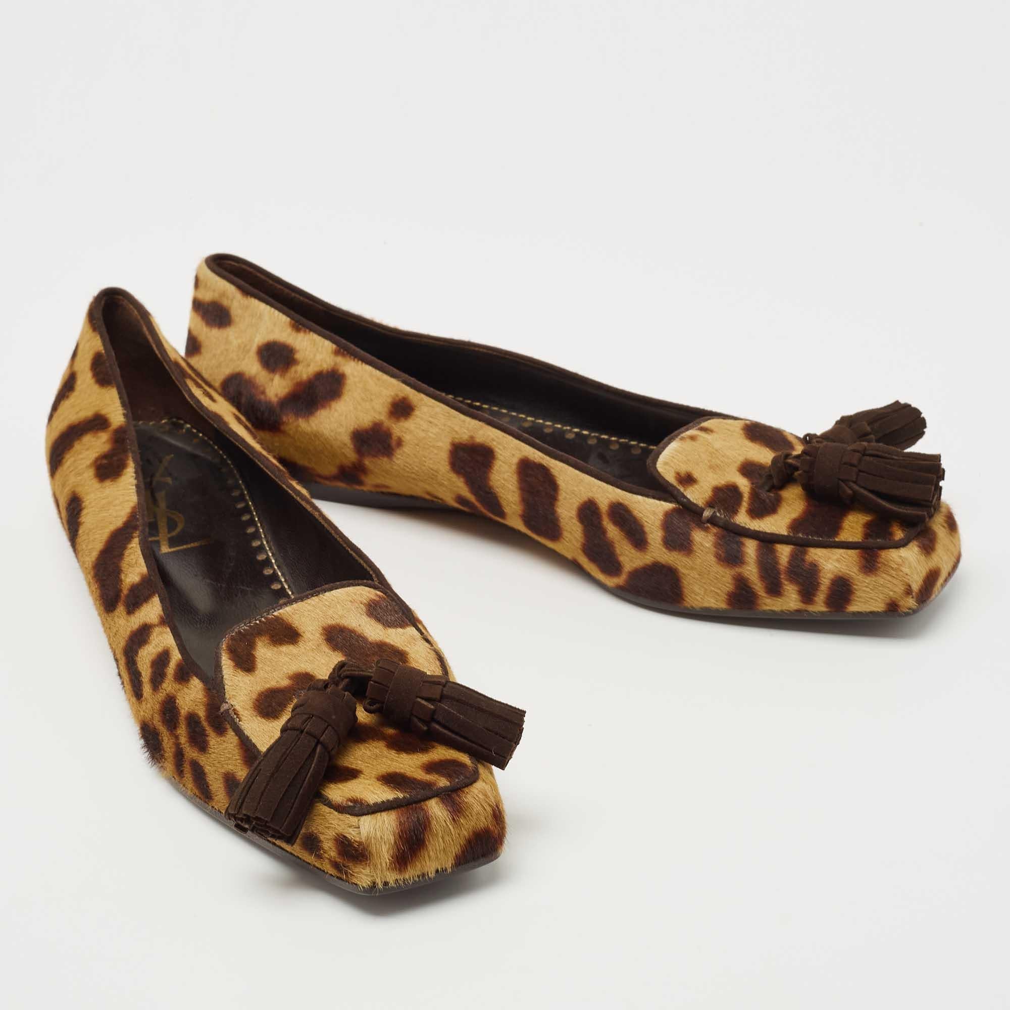 Yves Saint Laurent Brown/Beige Leopard Print Calf Hair Fringe Loafers Size 41 1