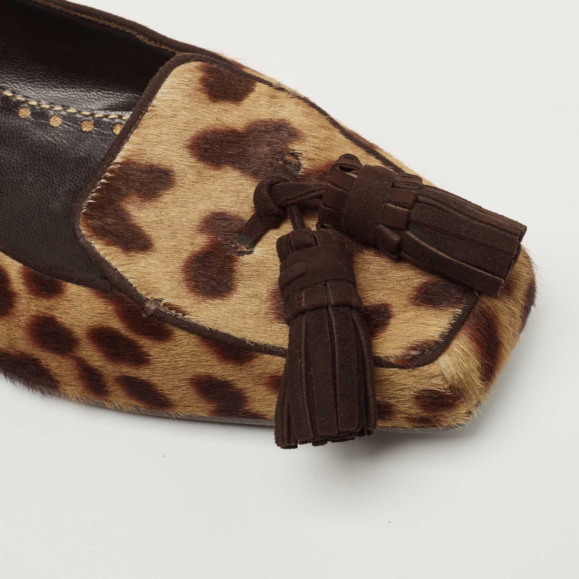 Yves Saint Laurent Brown/Beige Leopard Print Calf Hair Fringe Loafers Size 41 2
