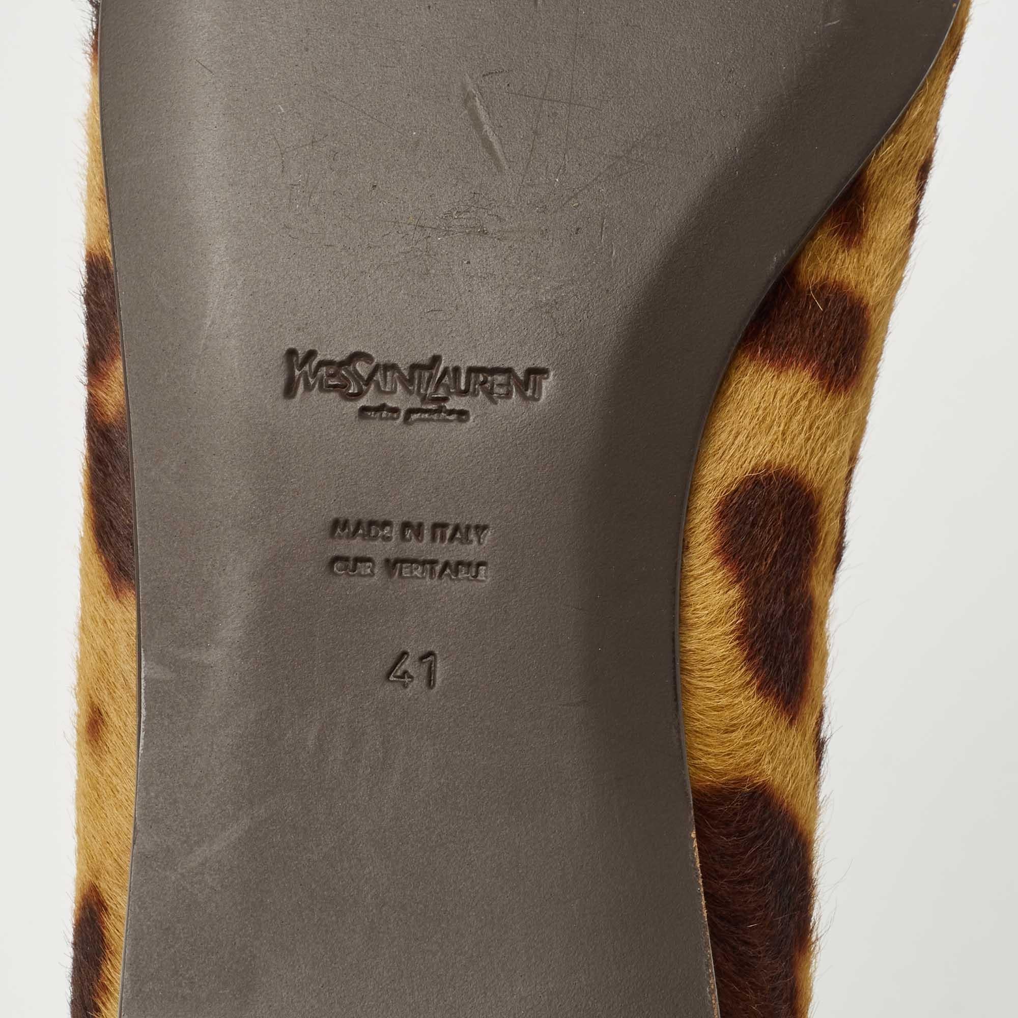 Yves Saint Laurent Brown/Beige Leopard Print Calf Hair Fringe Loafers Size 41 3