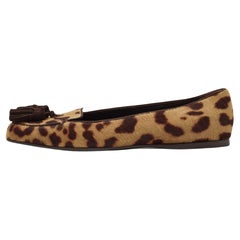 Yves Saint Laurent Brown/Beige Leopard Print Calf Hair Fringe Loafers Size 41